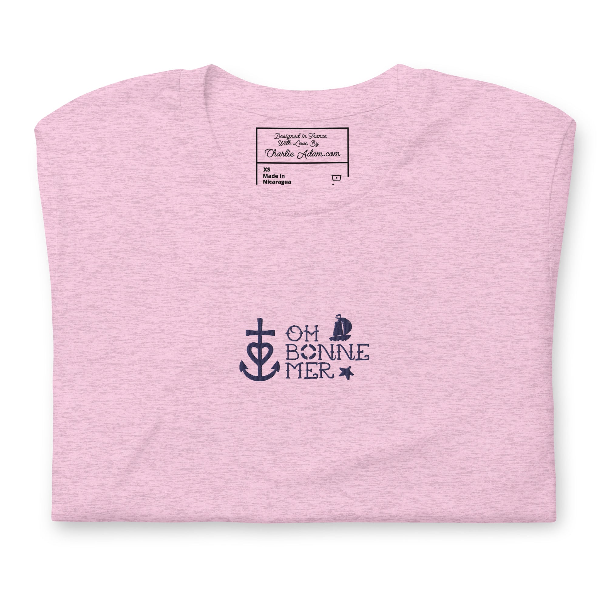 T-shirt en coton unisexe Oh Bonne Mer 2 navy brodé sur couleurs chinées claires
