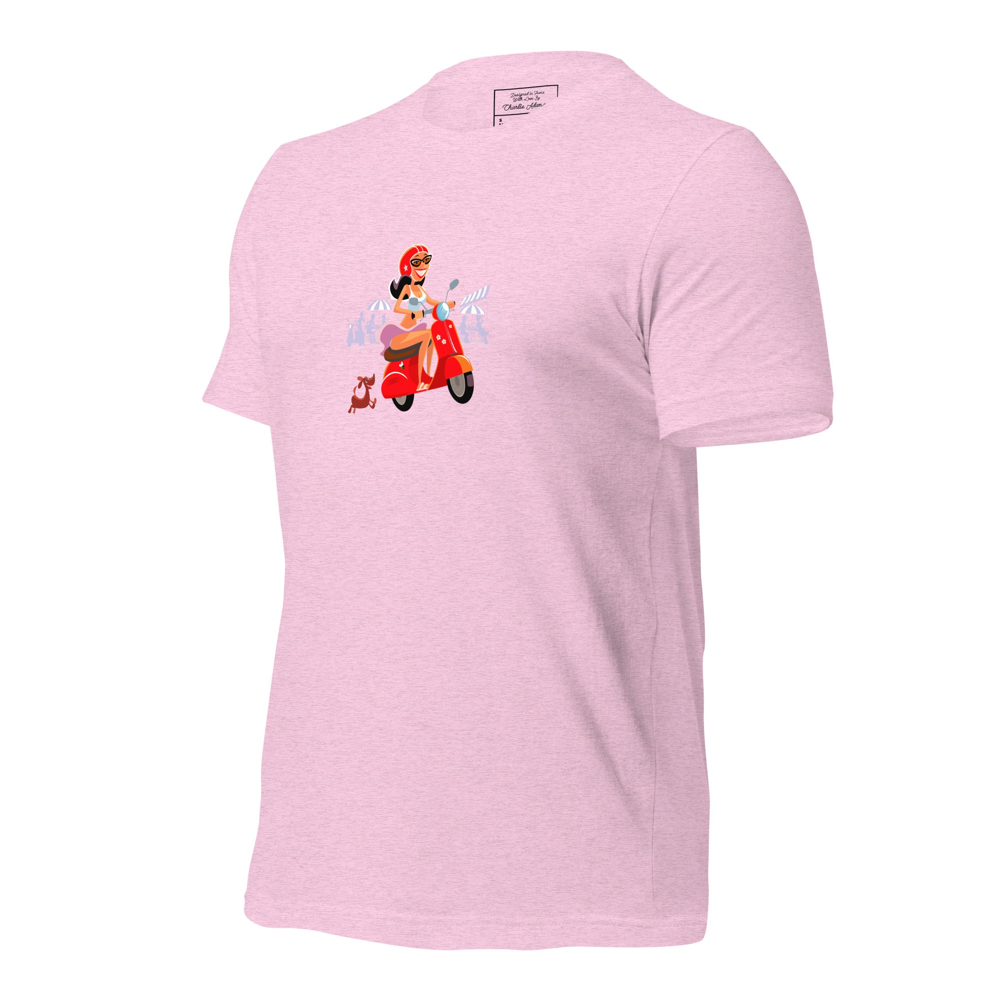 T-shirt en coton unisexe Vespa Girl in St Tropez sur couleurs chinées claires