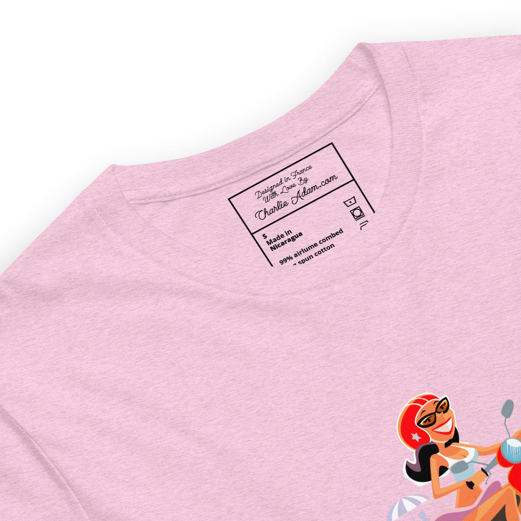 T-shirt en coton unisexe Vespa Girl in St Tropez sur couleurs chinées claires