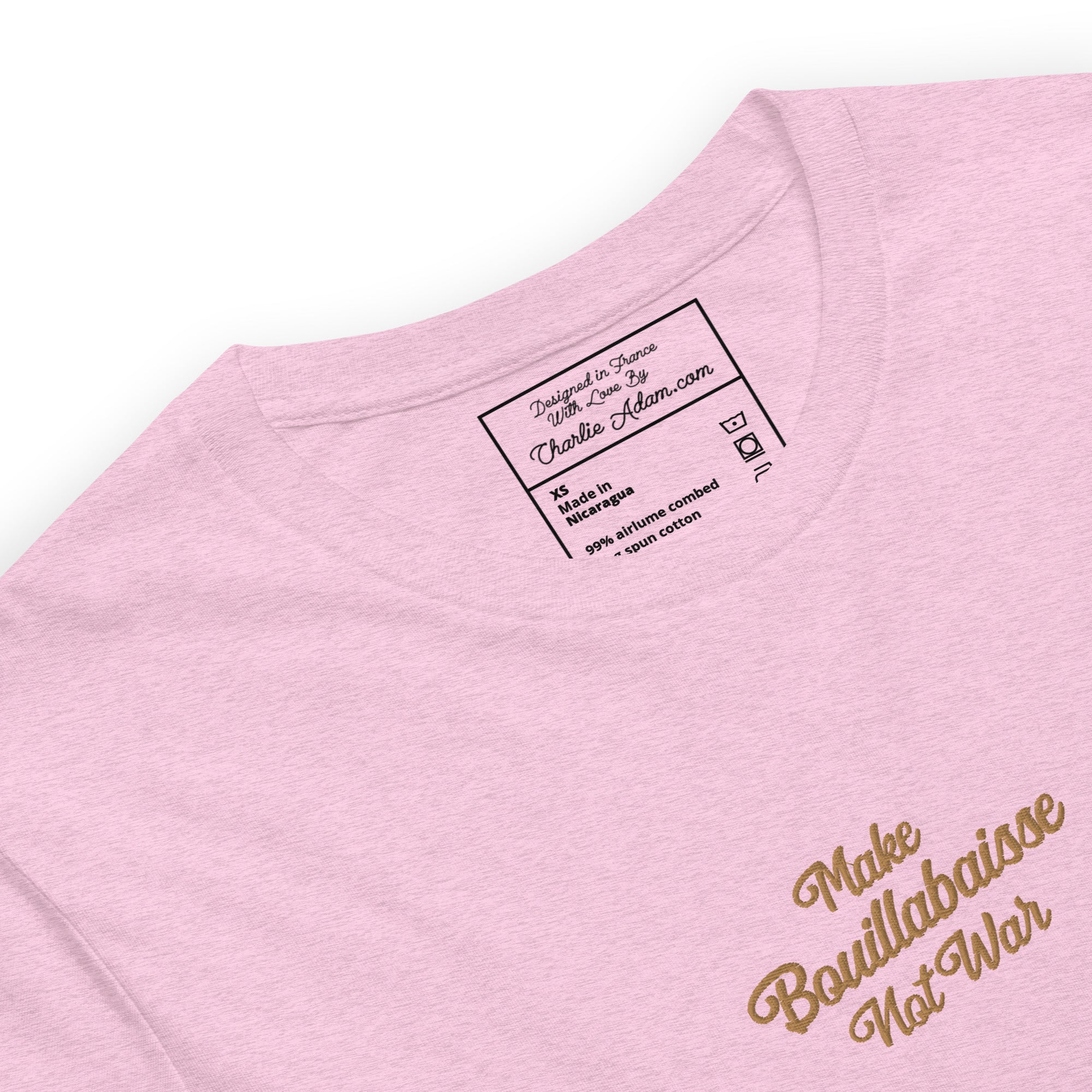 Unisex t-shirt Make Bouillabaisse Not War Text Only old gold embroidered pattern on light heather colors