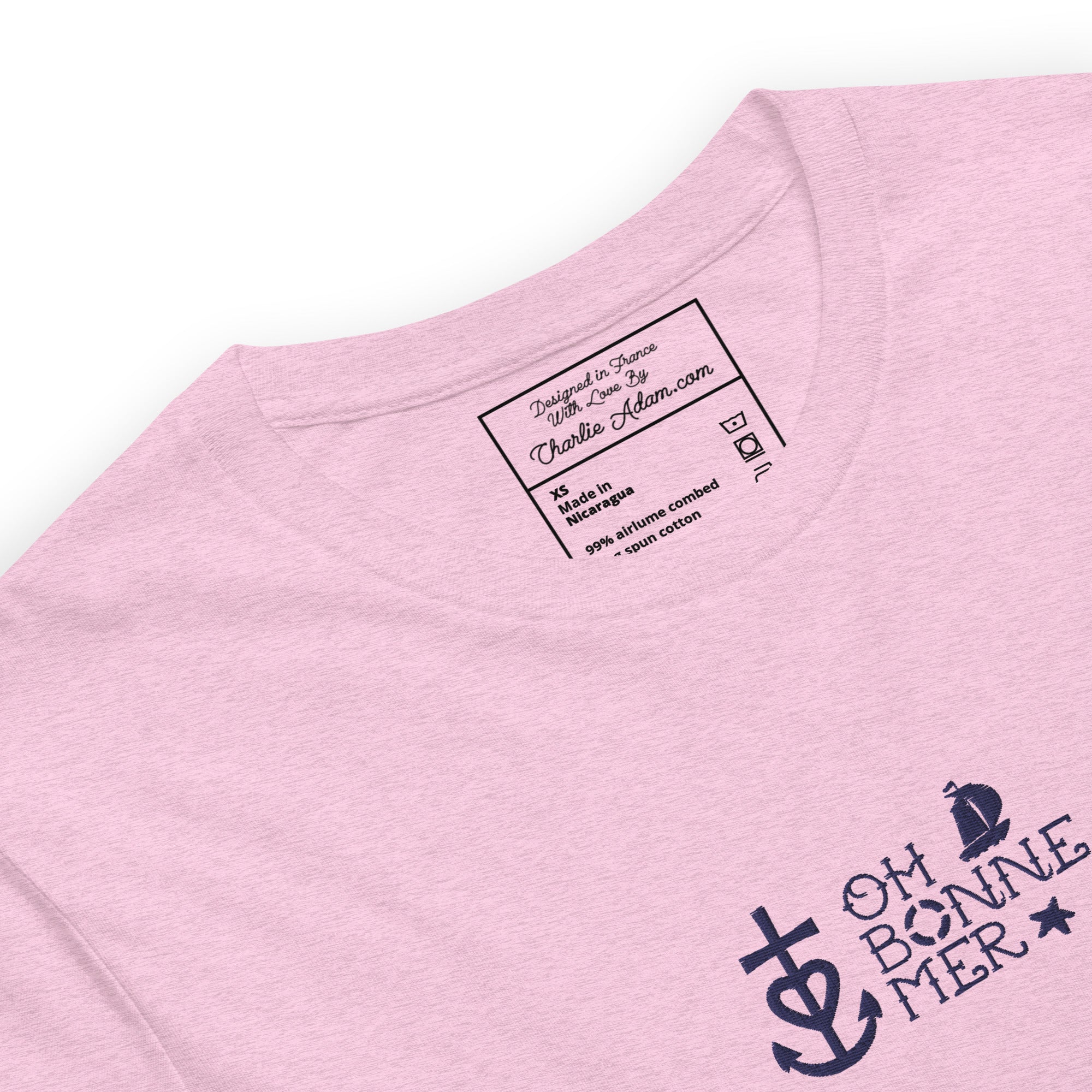 T-shirt en coton unisexe Oh Bonne Mer 2 navy brodé sur couleurs chinées claires