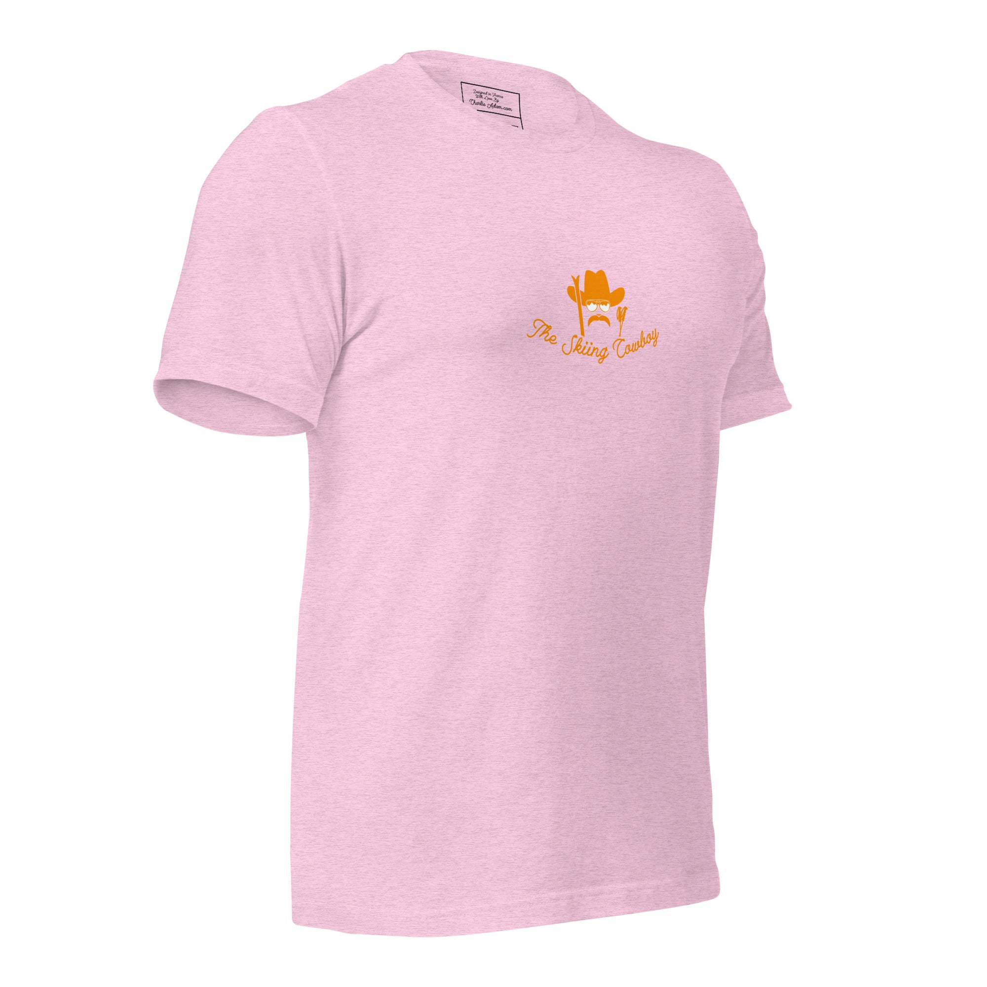 T-shirt en coton unisexe Skiing Cowboy (face) & Ski Fight at OK Corral Outline (dos) sur couleurs chinées claires