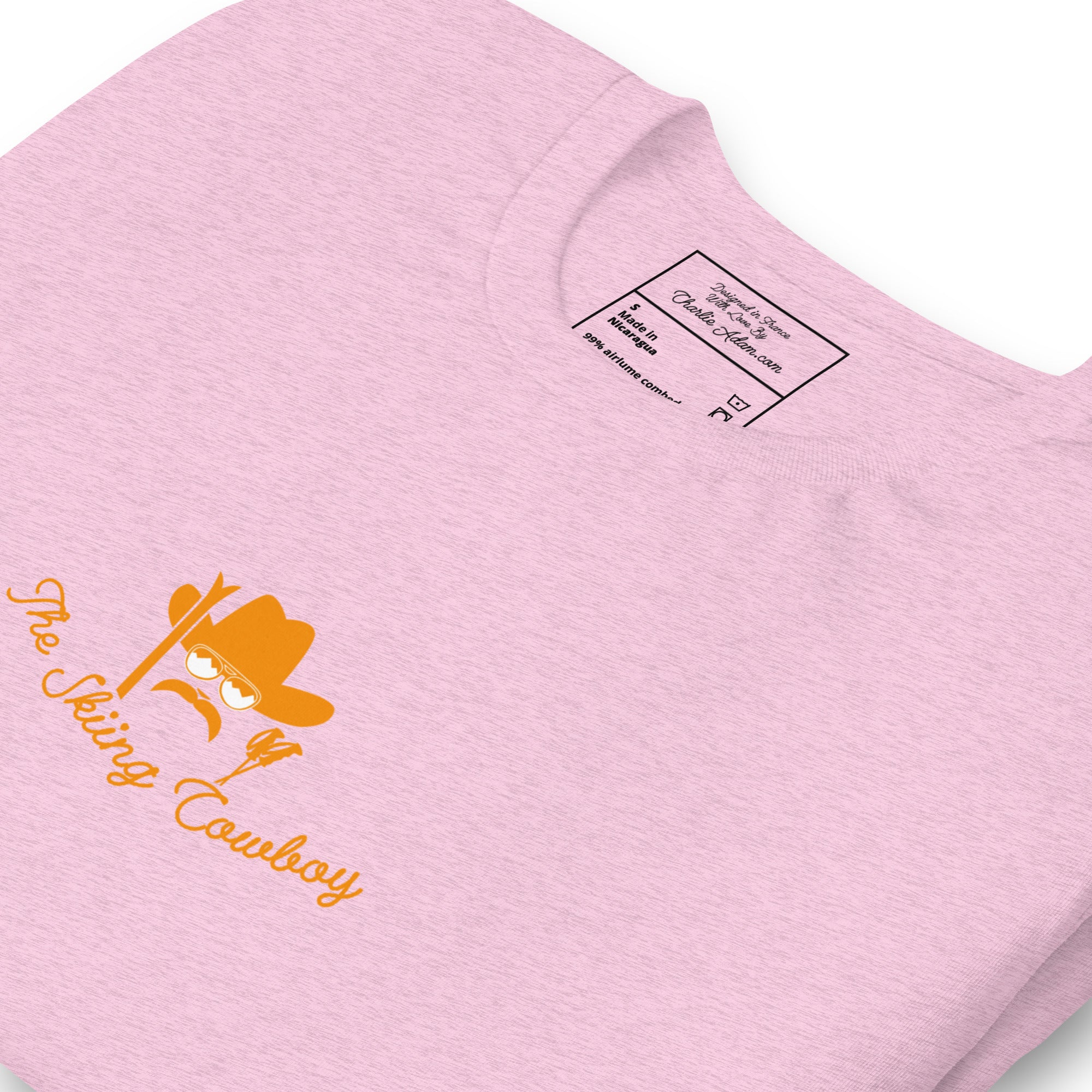 T-shirt en coton unisexe Skiing Cowboy (face) & Ski Fight at OK Corral Outline (dos) sur couleurs chinées claires