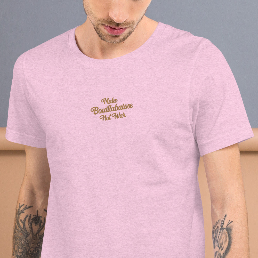 Unisex t-shirt Make Bouillabaisse Not War Text Only old gold embroidered pattern on light heather colors