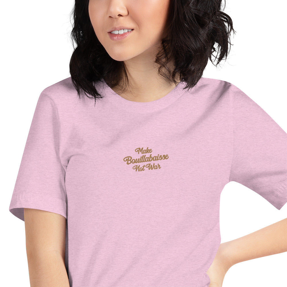 Unisex t-shirt Make Bouillabaisse Not War Text Only old gold embroidered pattern on light heather colors