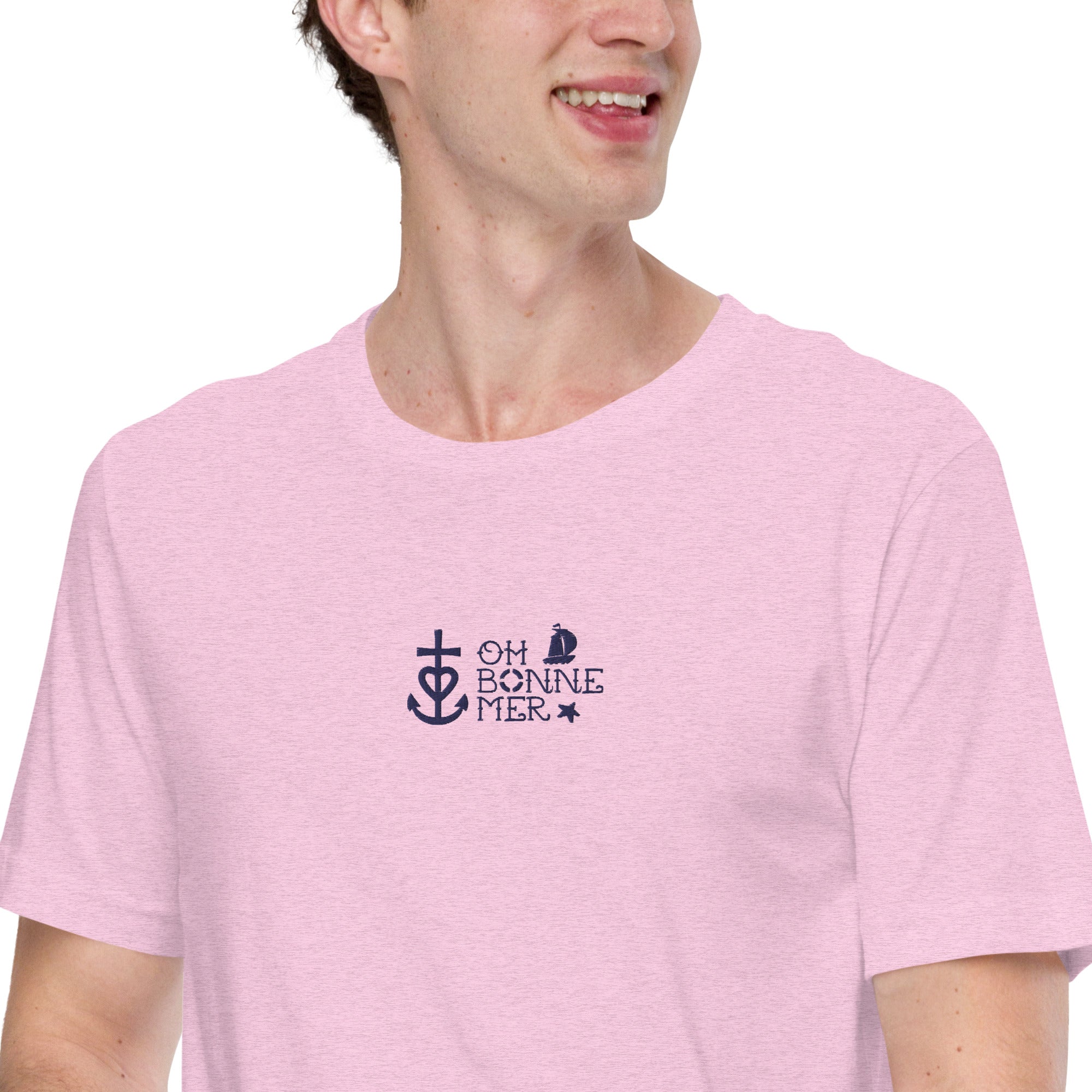 T-shirt en coton unisexe Oh Bonne Mer 2 navy brodé sur couleurs chinées claires
