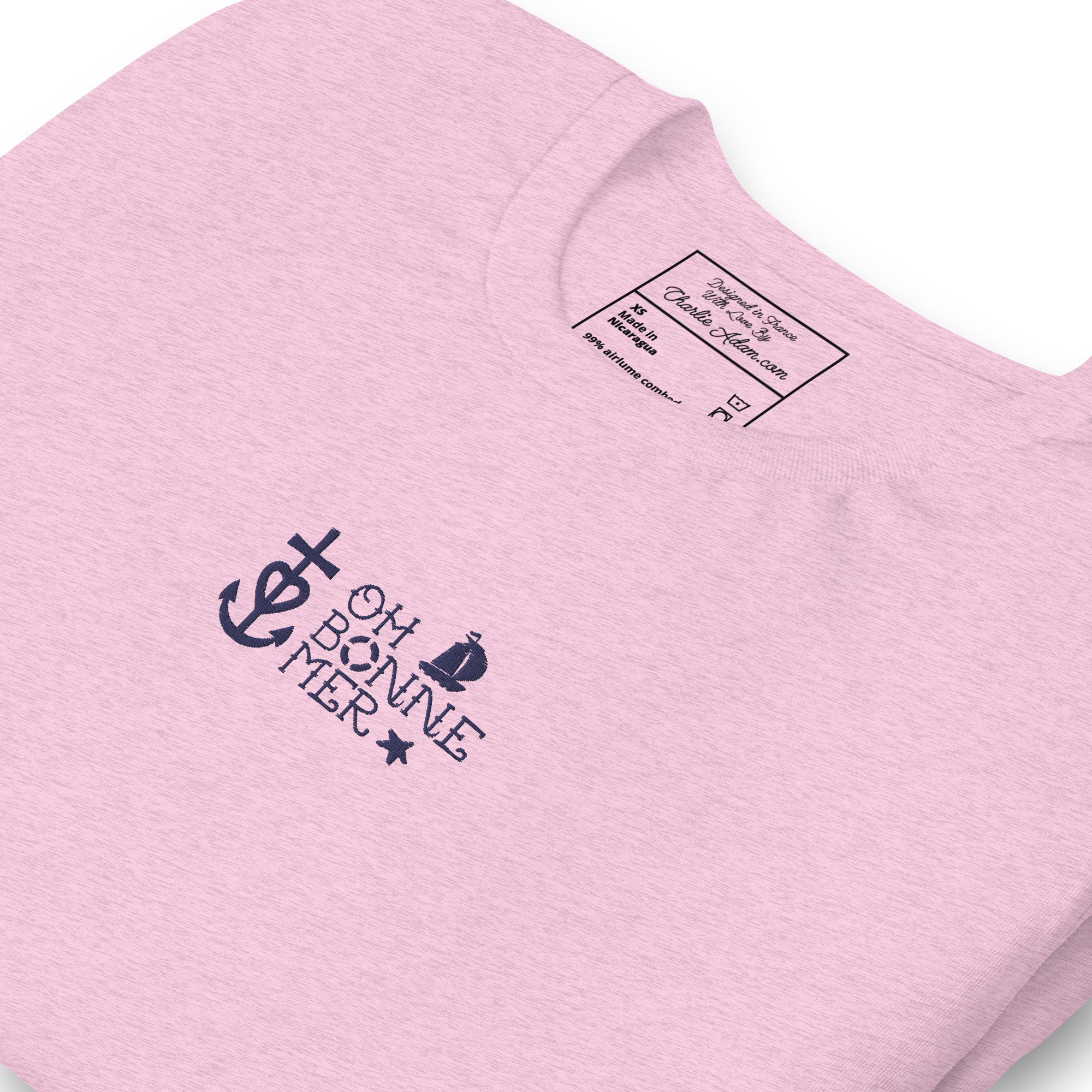 T-shirt en coton unisexe Oh Bonne Mer 2 navy brodé sur couleurs chinées claires