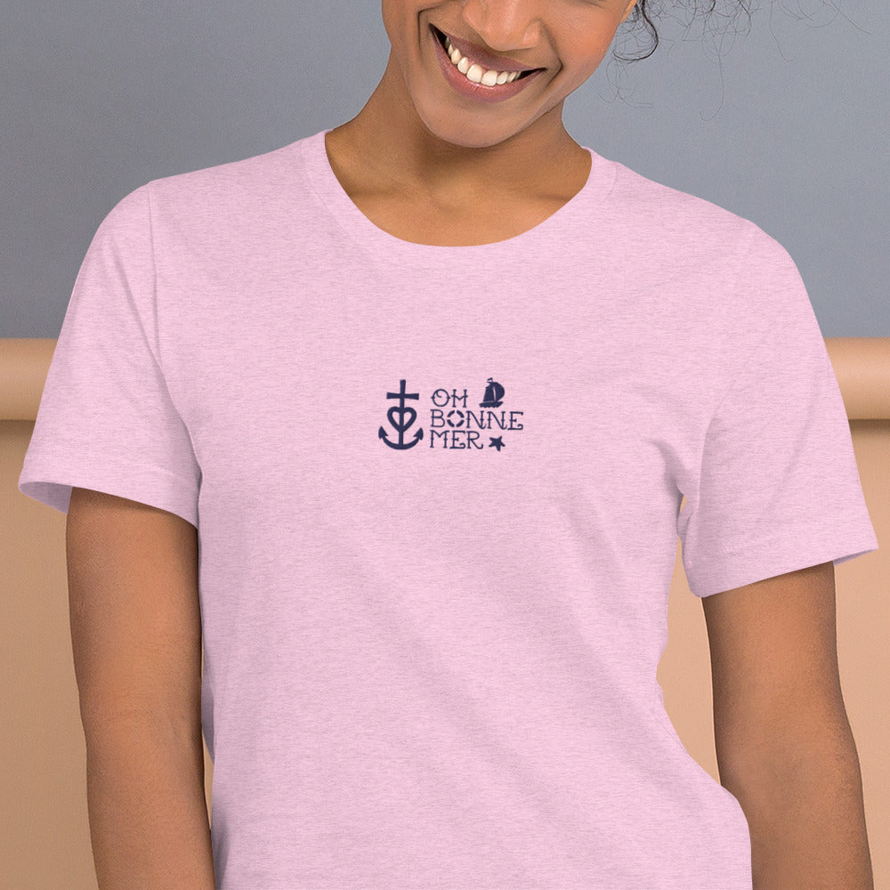T-shirt en coton unisexe Oh Bonne Mer 2 navy brodé sur couleurs chinées claires