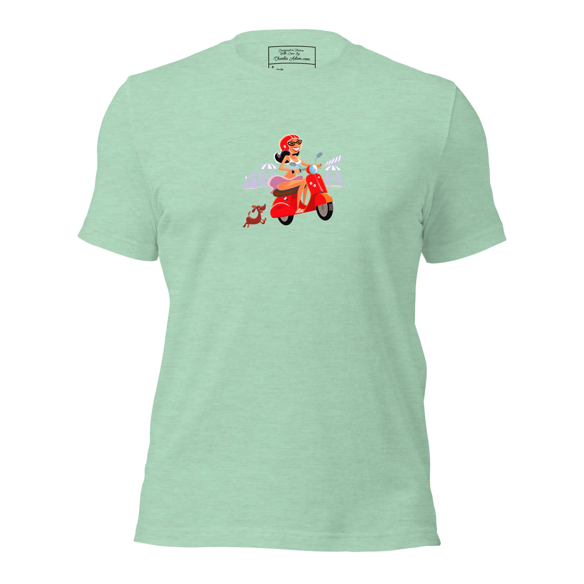 T-shirt en coton unisexe Vespa Girl in St Tropez sur couleurs chinées claires