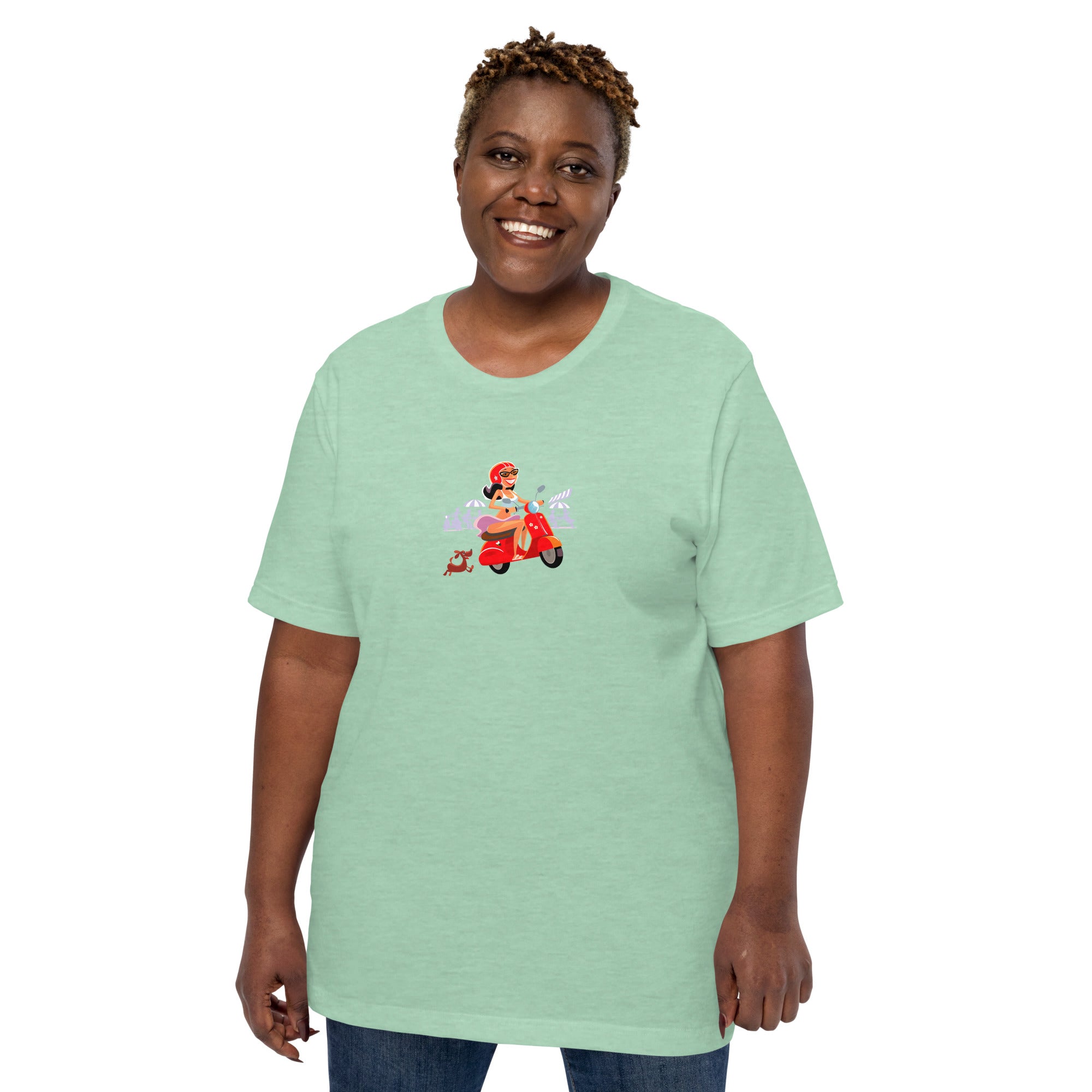 T-shirt en coton unisexe Vespa Girl in St Tropez sur couleurs chinées claires