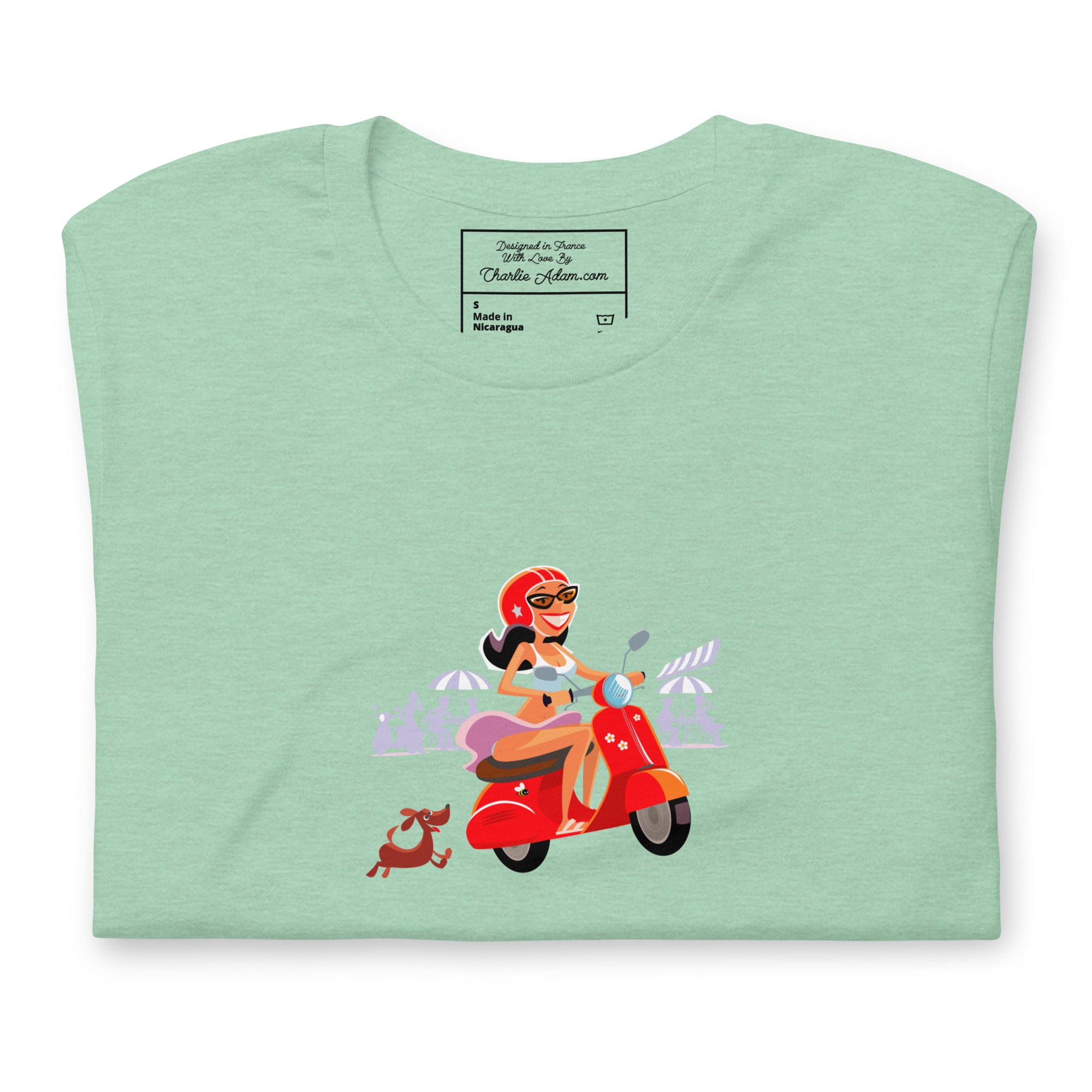 T-shirt en coton unisexe Vespa Girl in St Tropez sur couleurs chinées claires