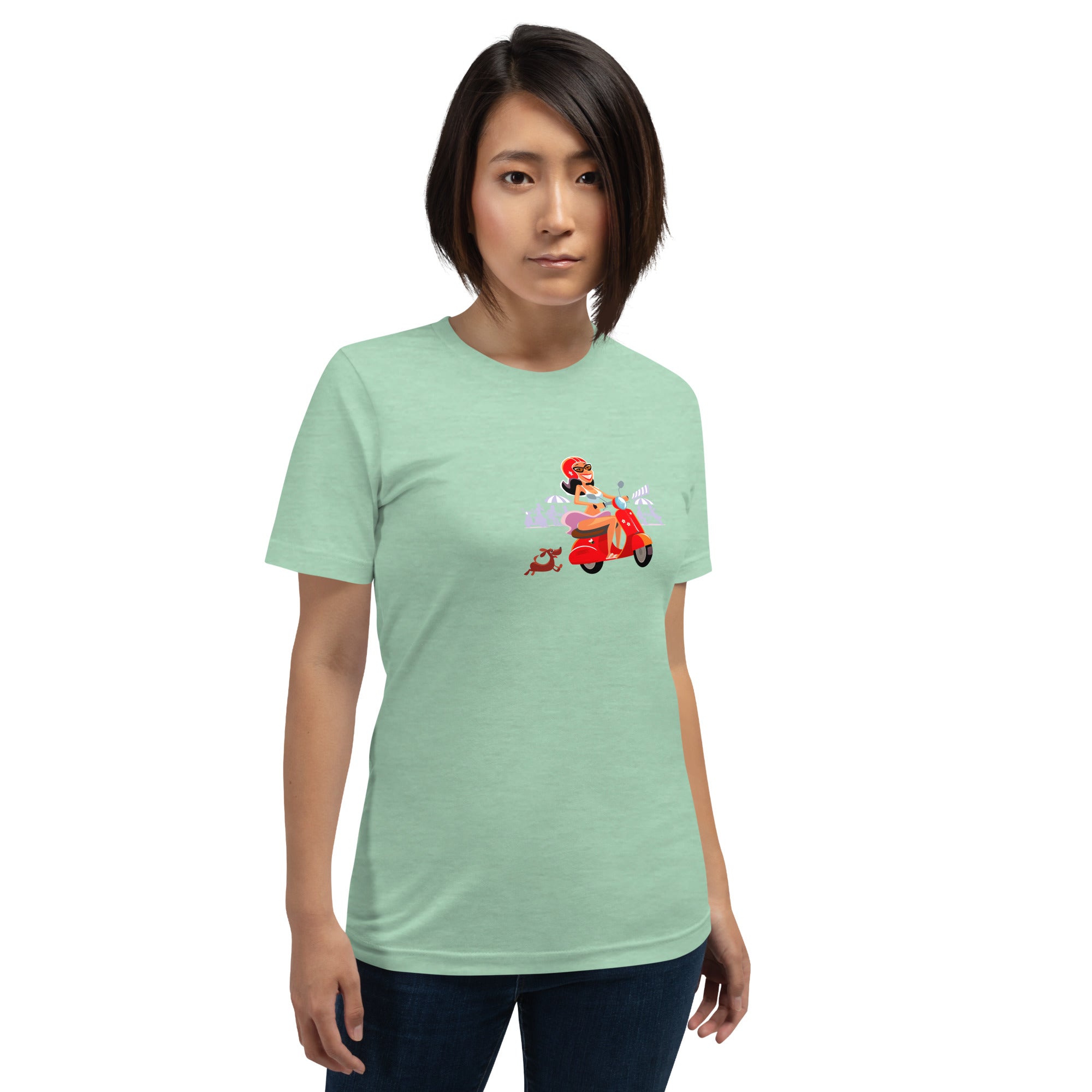 T-shirt en coton unisexe Vespa Girl in St Tropez sur couleurs chinées claires