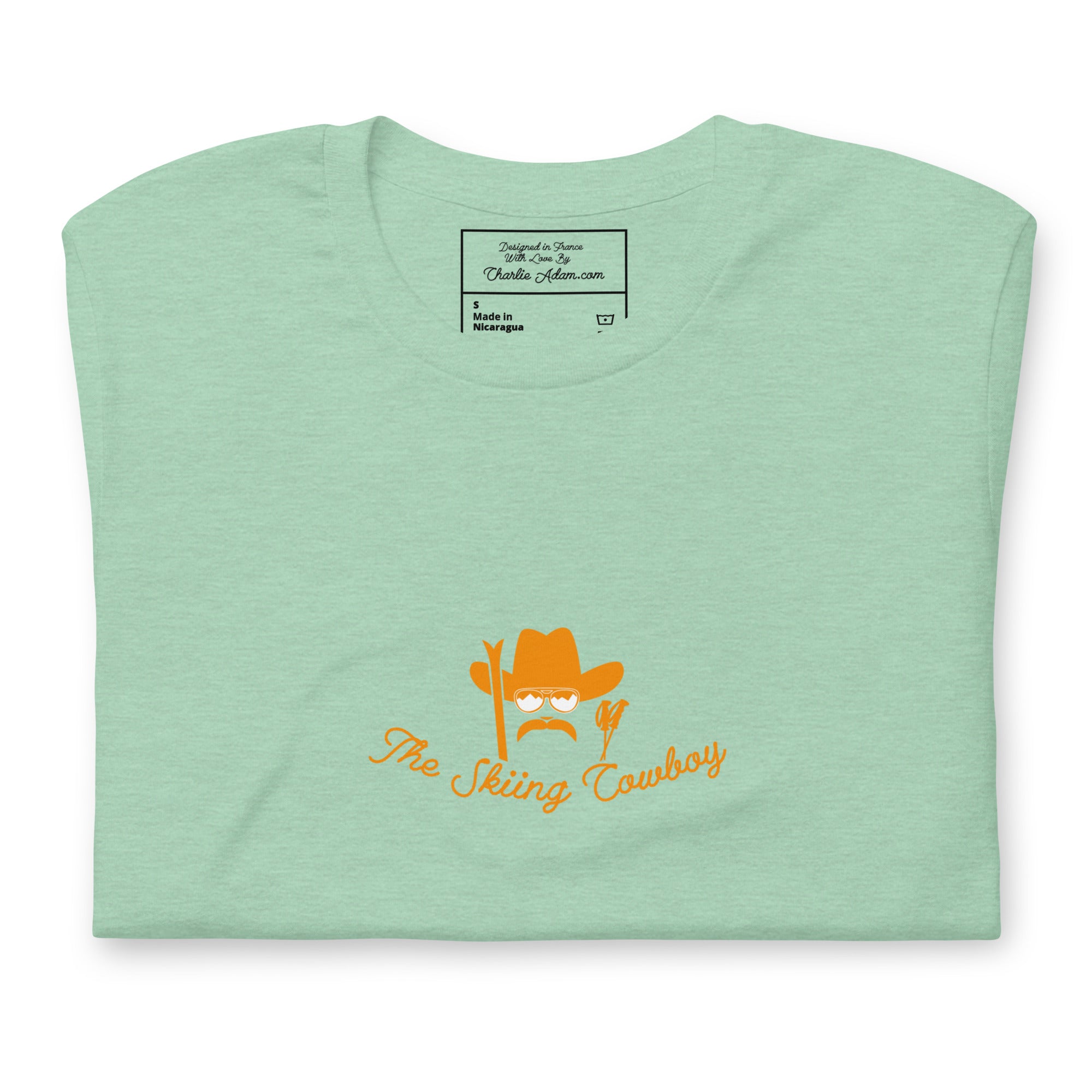 T-shirt en coton unisexe Skiing Cowboy (face) & Ski Fight at OK Corral Outline (dos) sur couleurs chinées claires