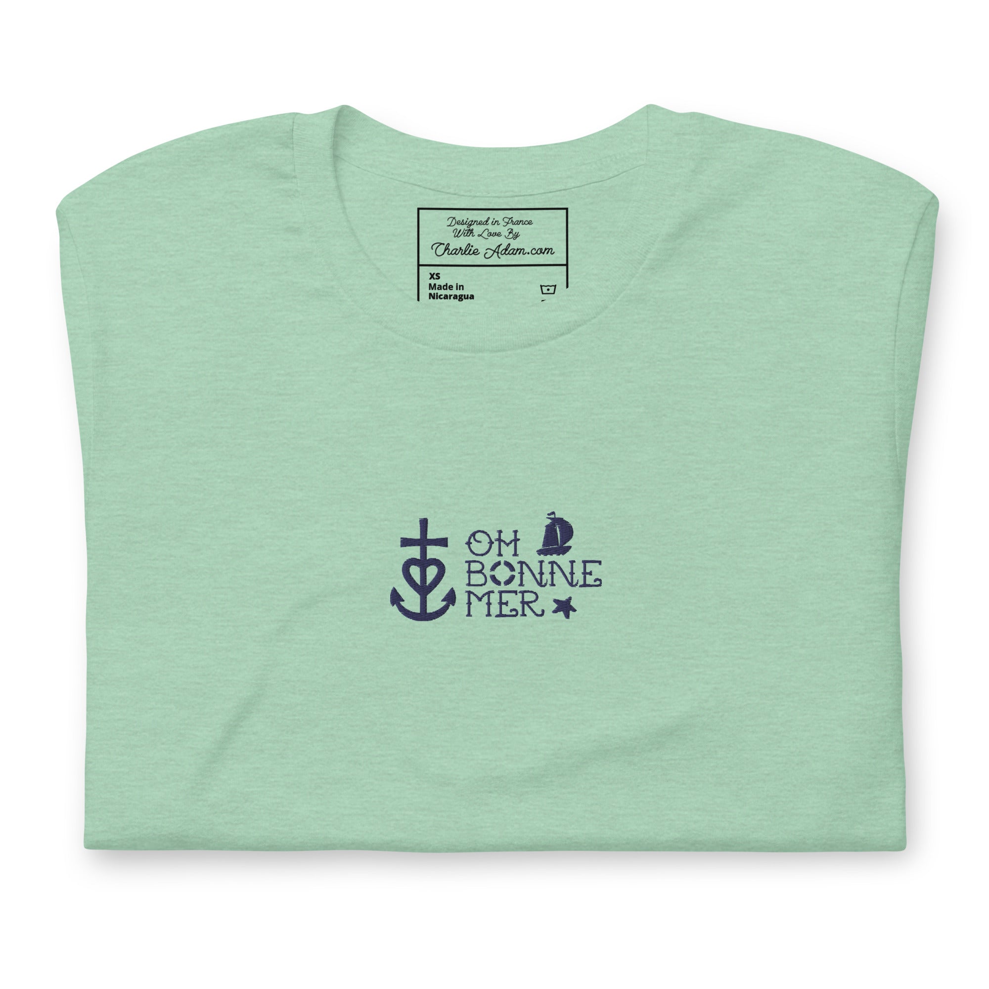T-shirt en coton unisexe Oh Bonne Mer 2 navy brodé sur couleurs chinées claires