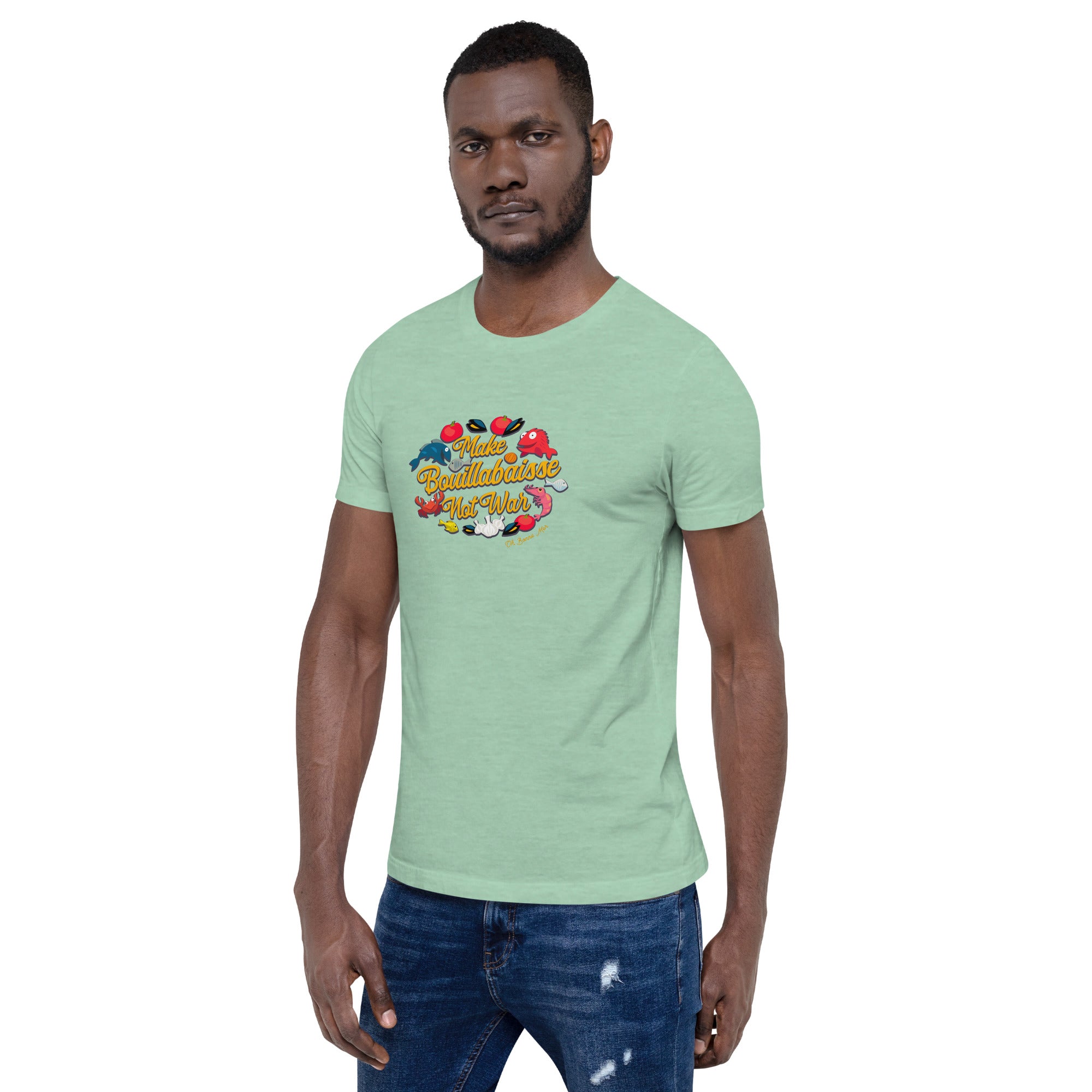 T-shirt en coton unisexe Make Bouillabaisse Not War sur couleurs chinées claires