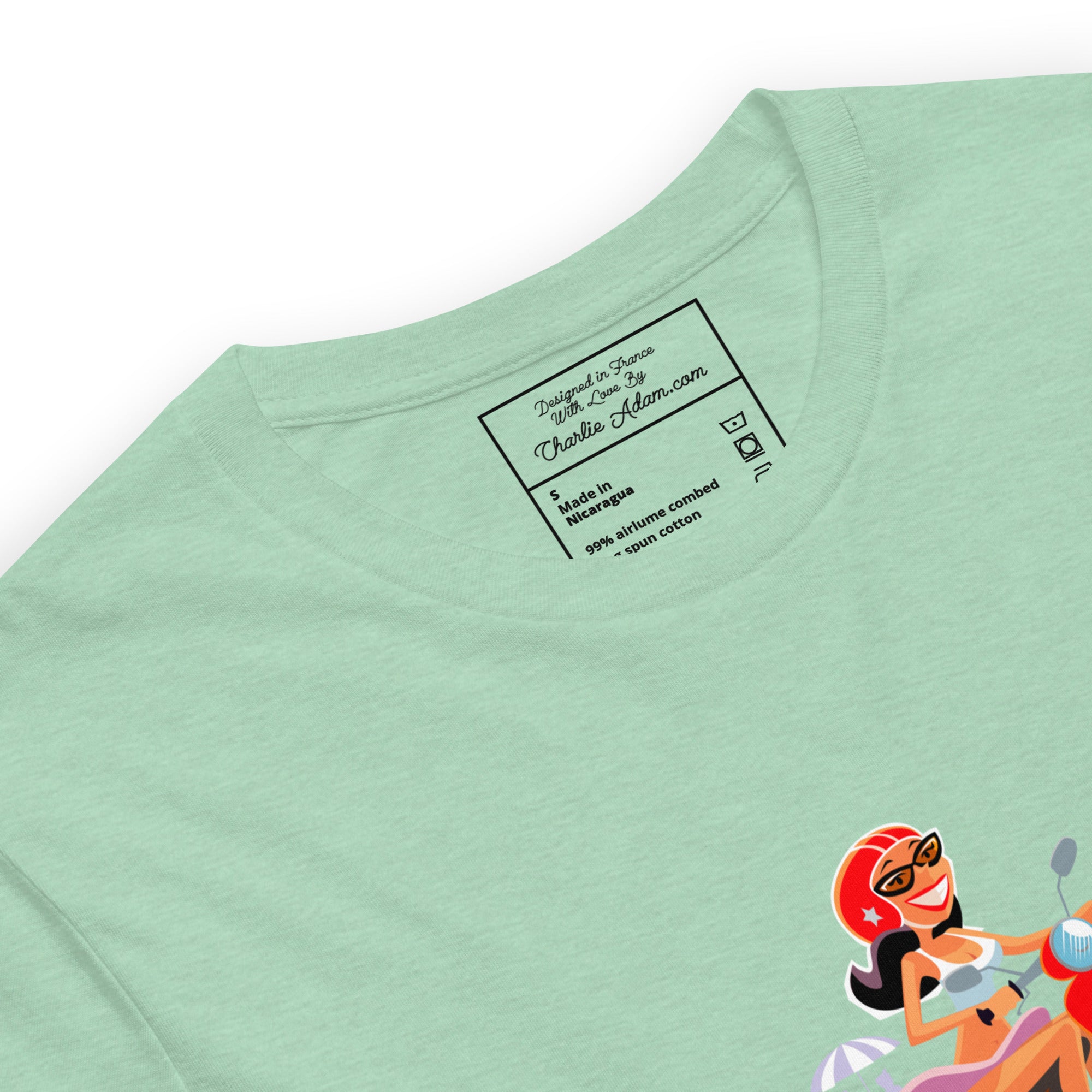 T-shirt en coton unisexe Vespa Girl in St Tropez sur couleurs chinées claires