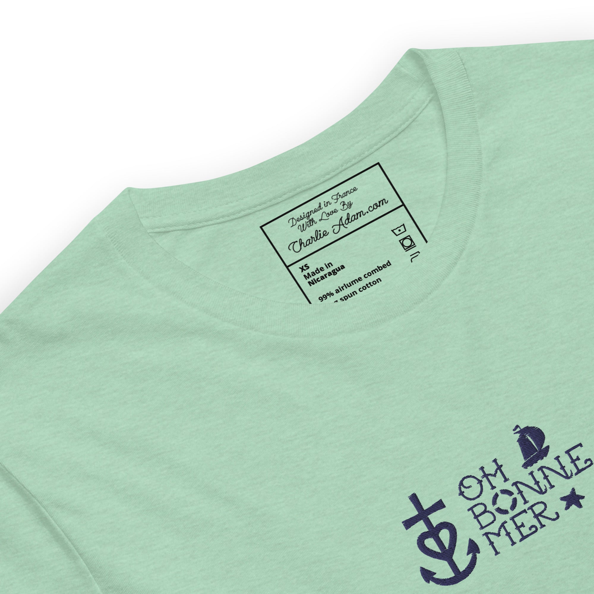 T-shirt en coton unisexe Oh Bonne Mer 2 navy brodé sur couleurs chinées claires