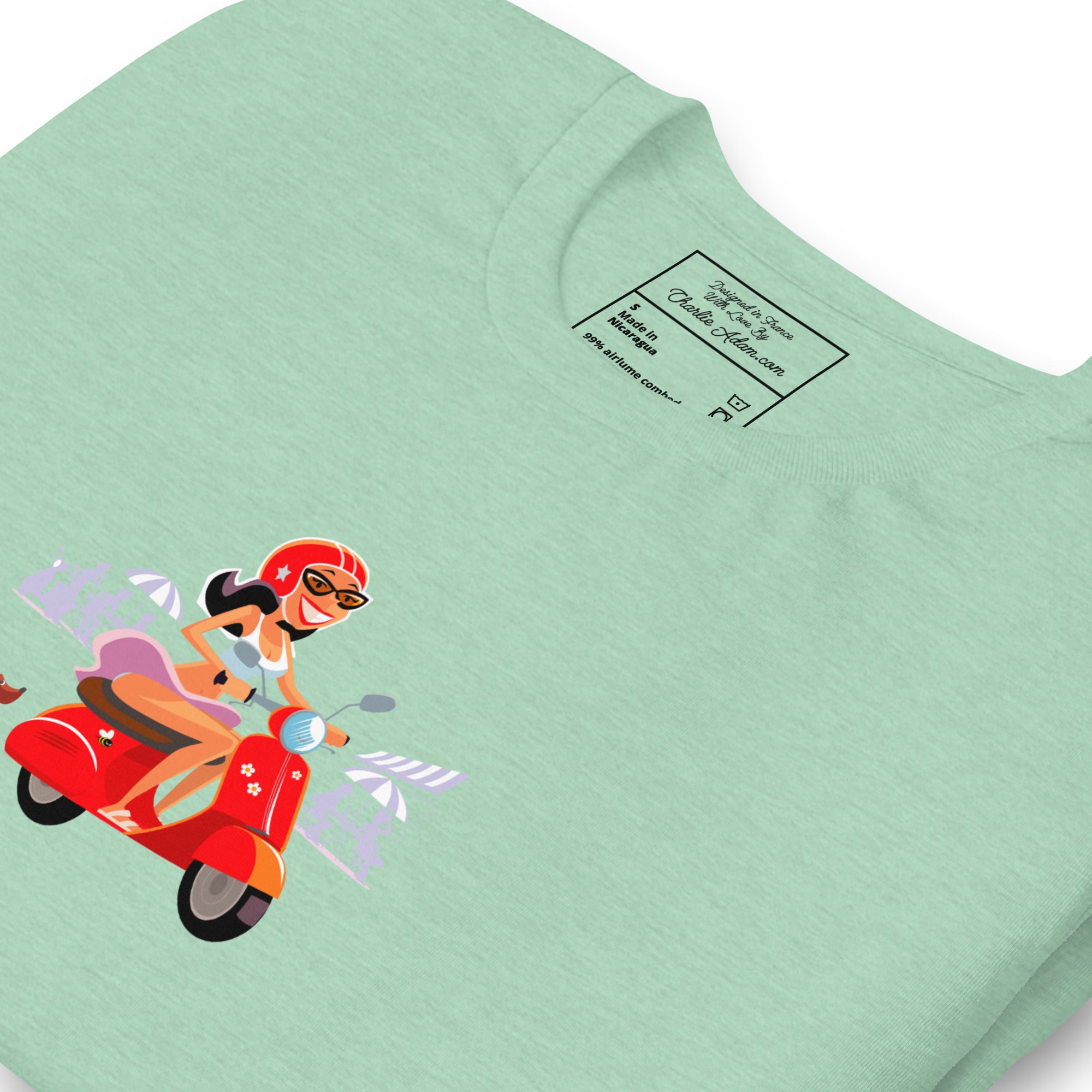 T-shirt en coton unisexe Vespa Girl in St Tropez sur couleurs chinées claires