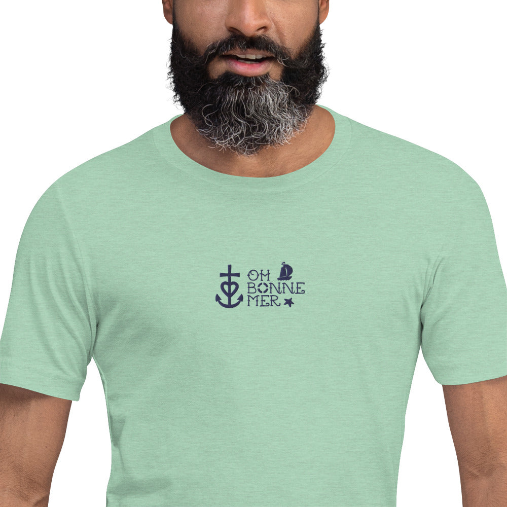 T-shirt en coton unisexe Oh Bonne Mer 2 navy brodé sur couleurs chinées claires