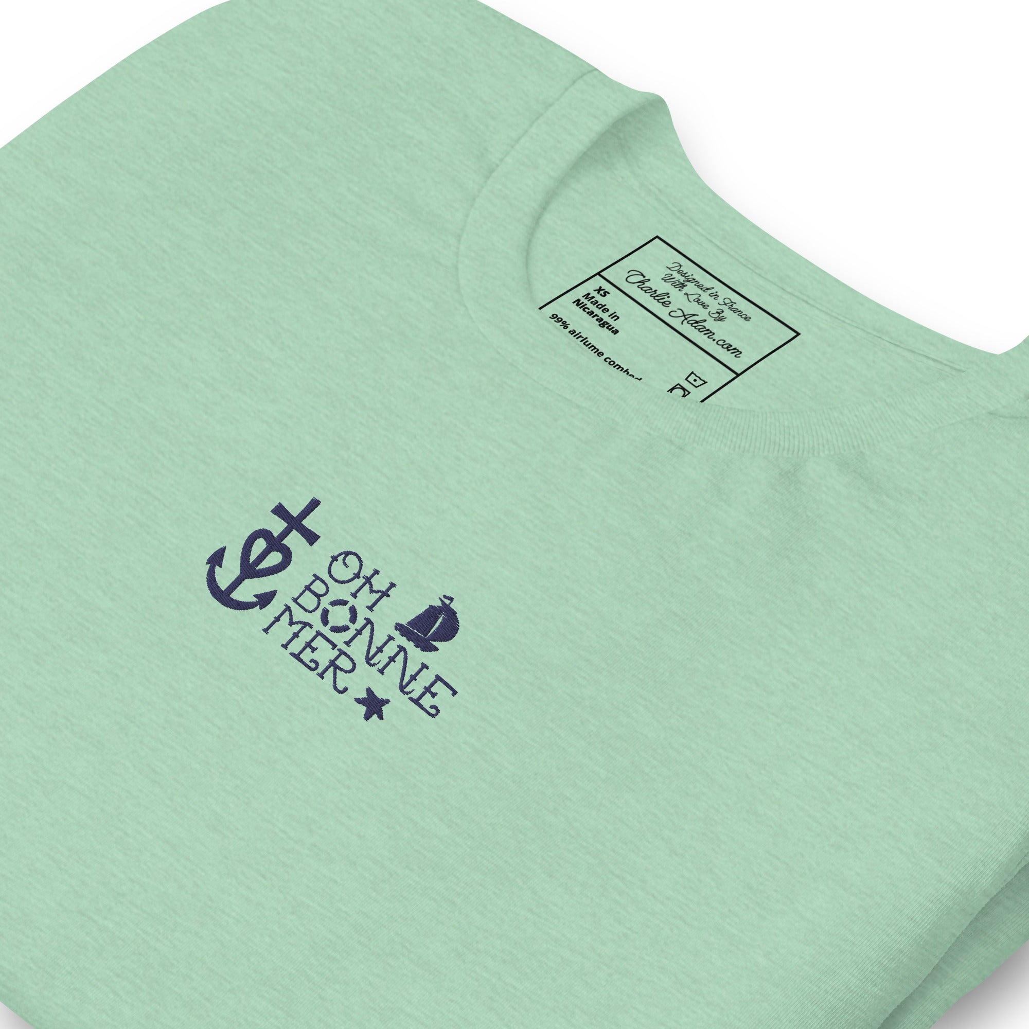 T-shirt en coton unisexe Oh Bonne Mer 2 navy brodé sur couleurs chinées claires