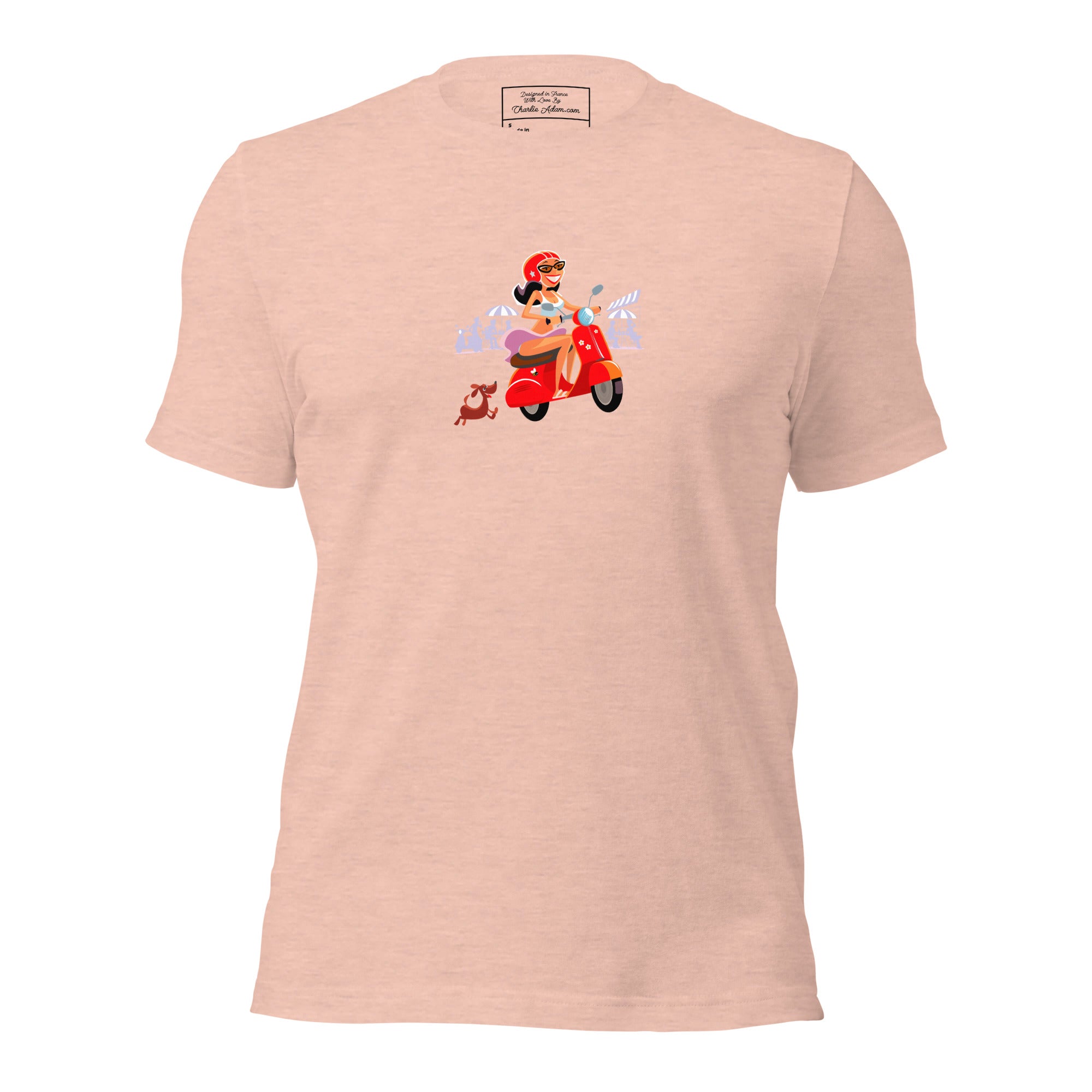 T-shirt en coton unisexe Vespa Girl in St Tropez sur couleurs chinées claires