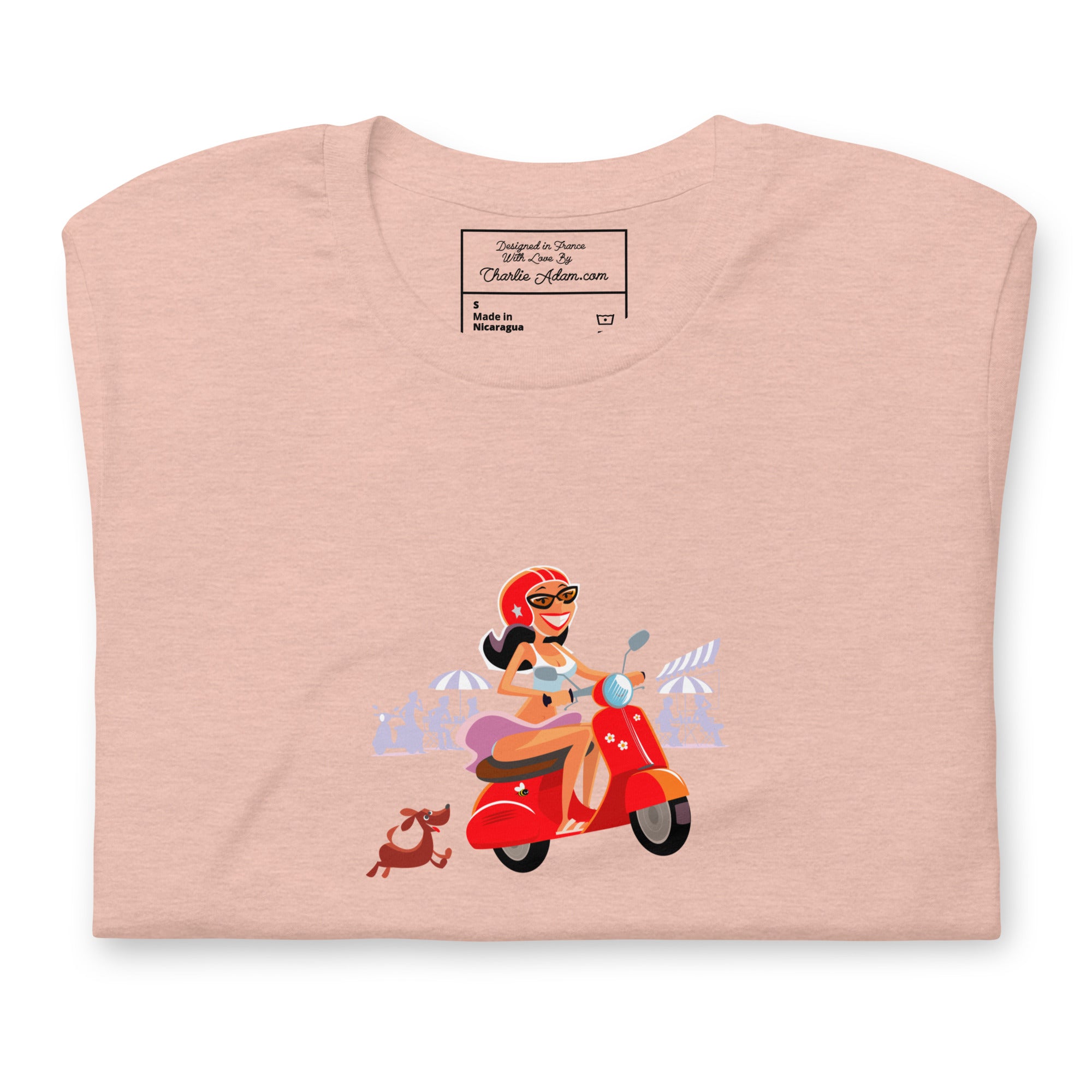 T-shirt en coton unisexe Vespa Girl in St Tropez sur couleurs chinées claires