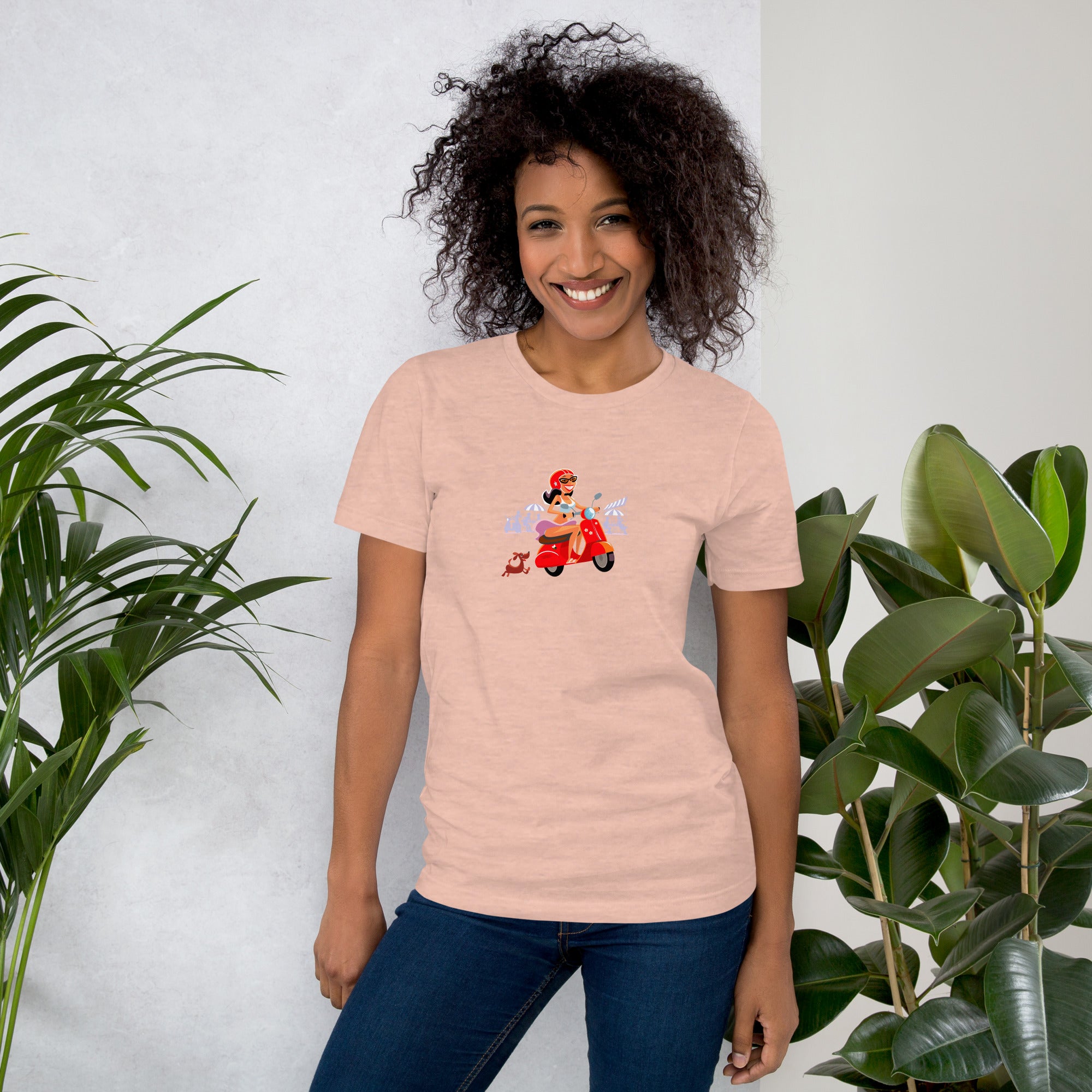 T-shirt en coton unisexe Vespa Girl in St Tropez sur couleurs chinées claires