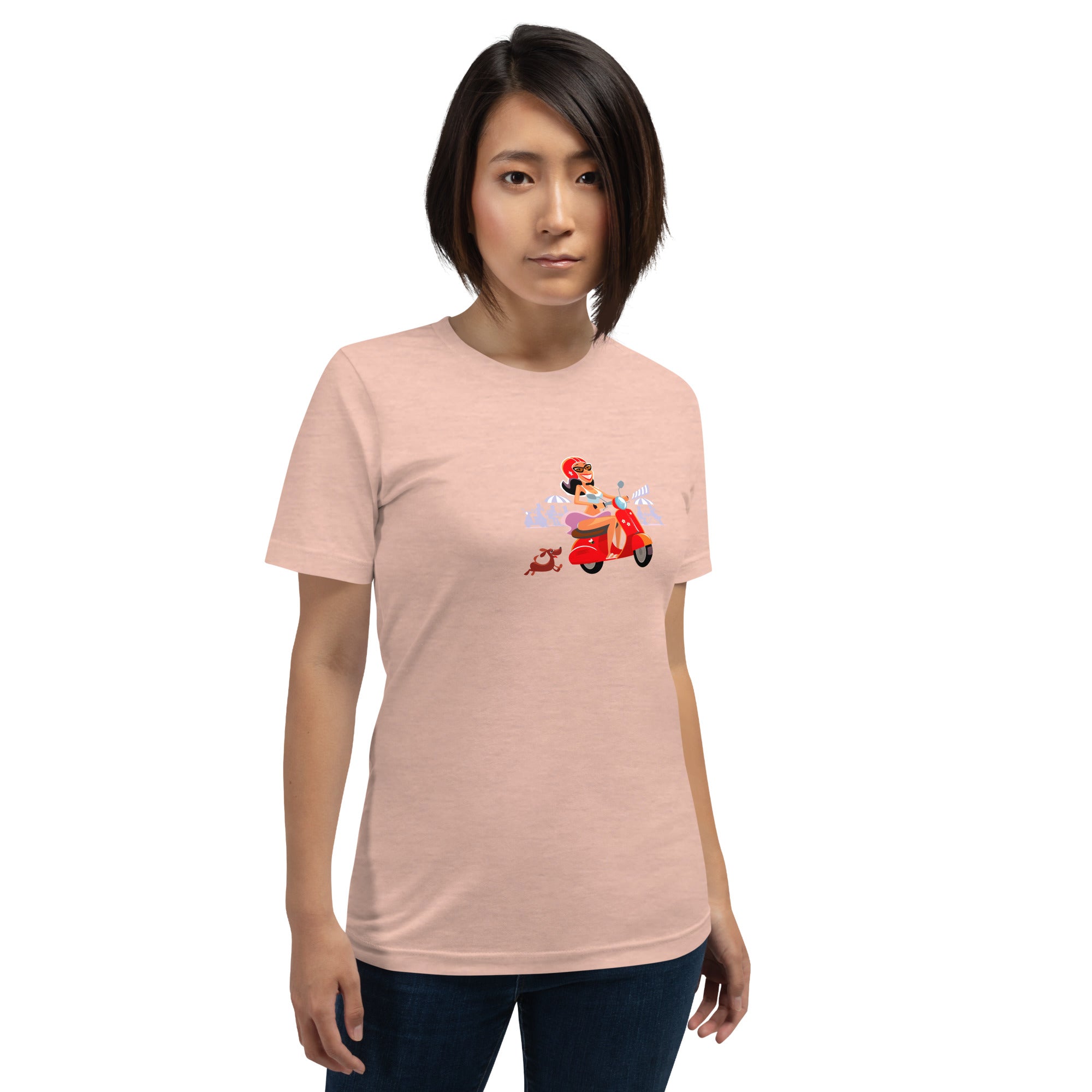 T-shirt en coton unisexe Vespa Girl in St Tropez sur couleurs chinées claires