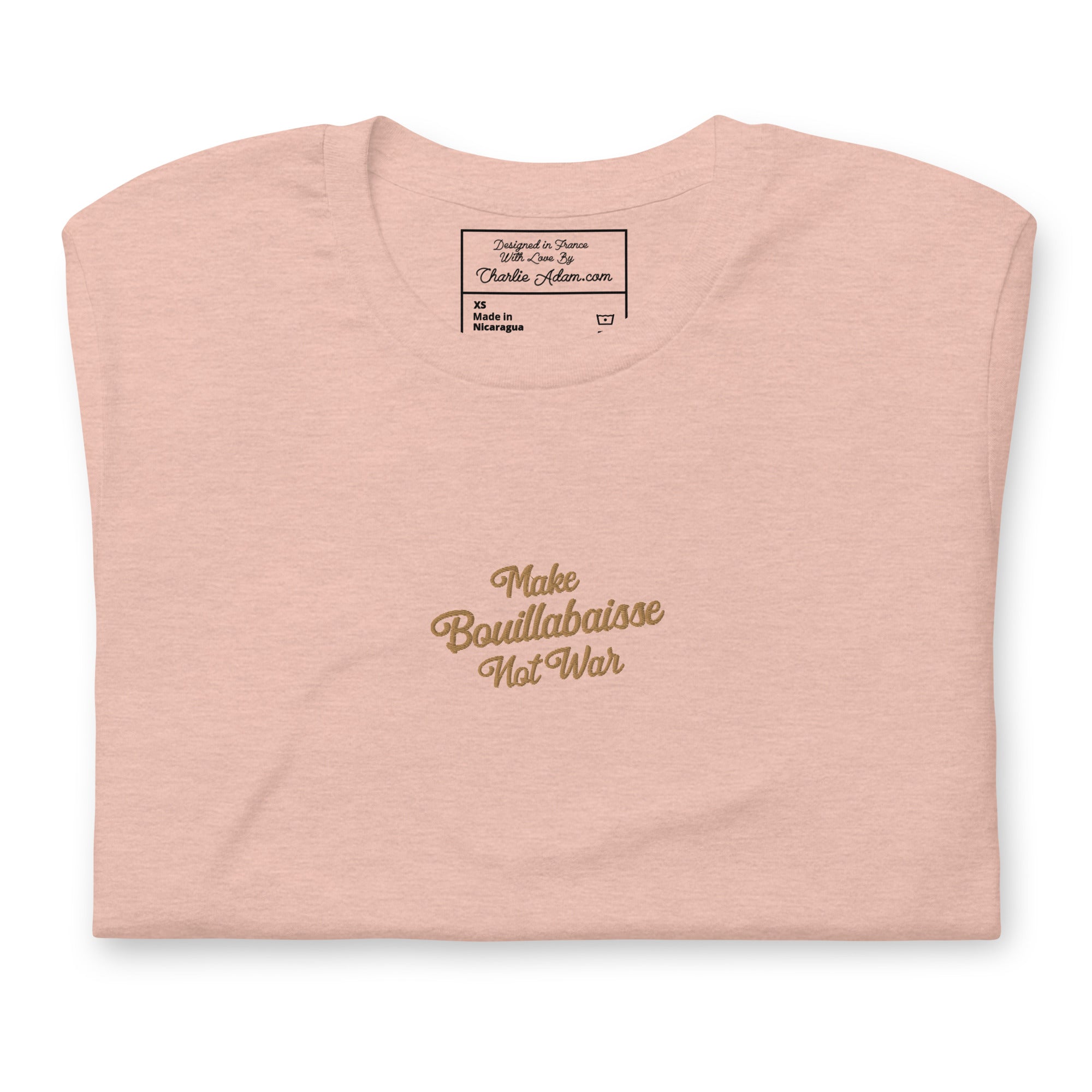 Unisex t-shirt Make Bouillabaisse Not War Text Only old gold embroidered pattern on light heather colors