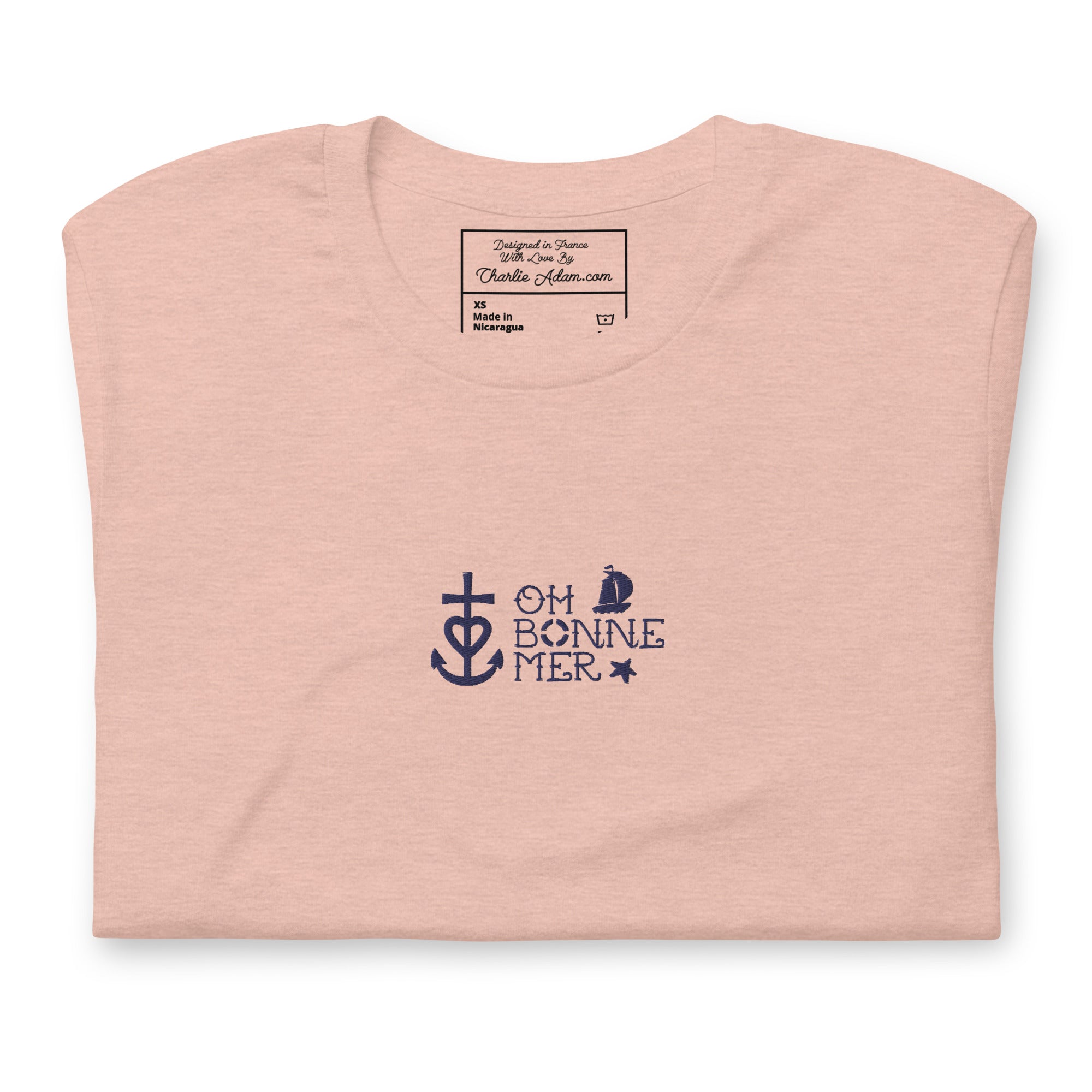 T-shirt en coton unisexe Oh Bonne Mer 2 navy brodé sur couleurs chinées claires