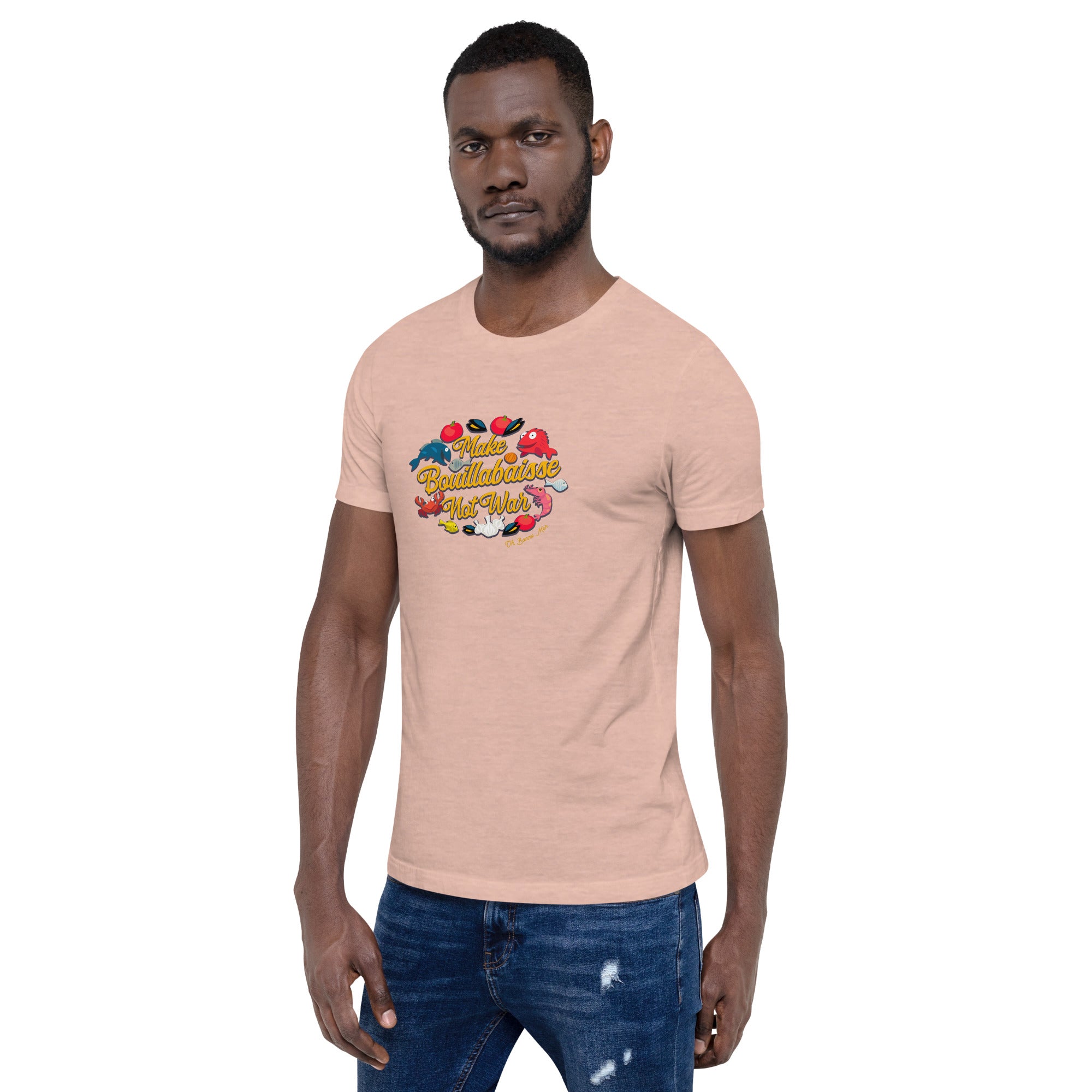 T-shirt en coton unisexe Make Bouillabaisse Not War sur couleurs chinées claires
