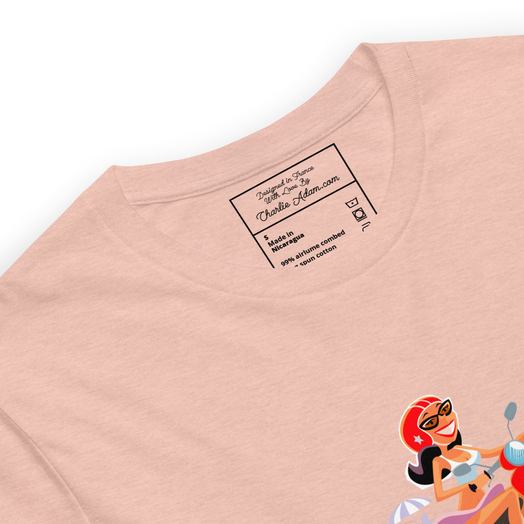 T-shirt en coton unisexe Vespa Girl in St Tropez sur couleurs chinées claires