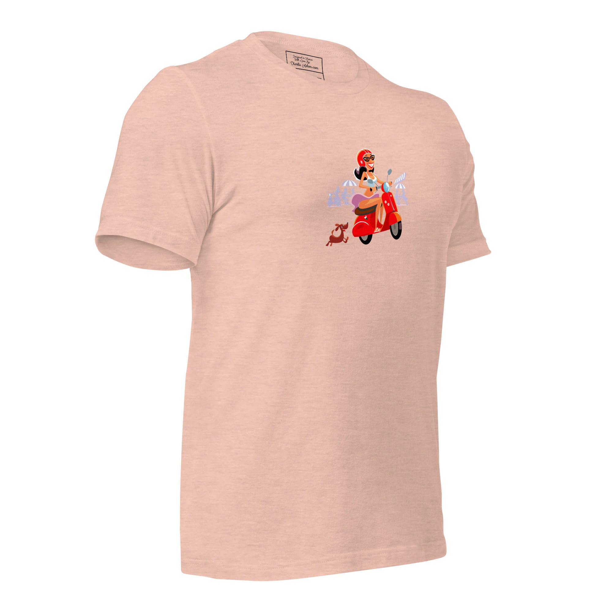 T-shirt en coton unisexe Vespa Girl in St Tropez sur couleurs chinées claires