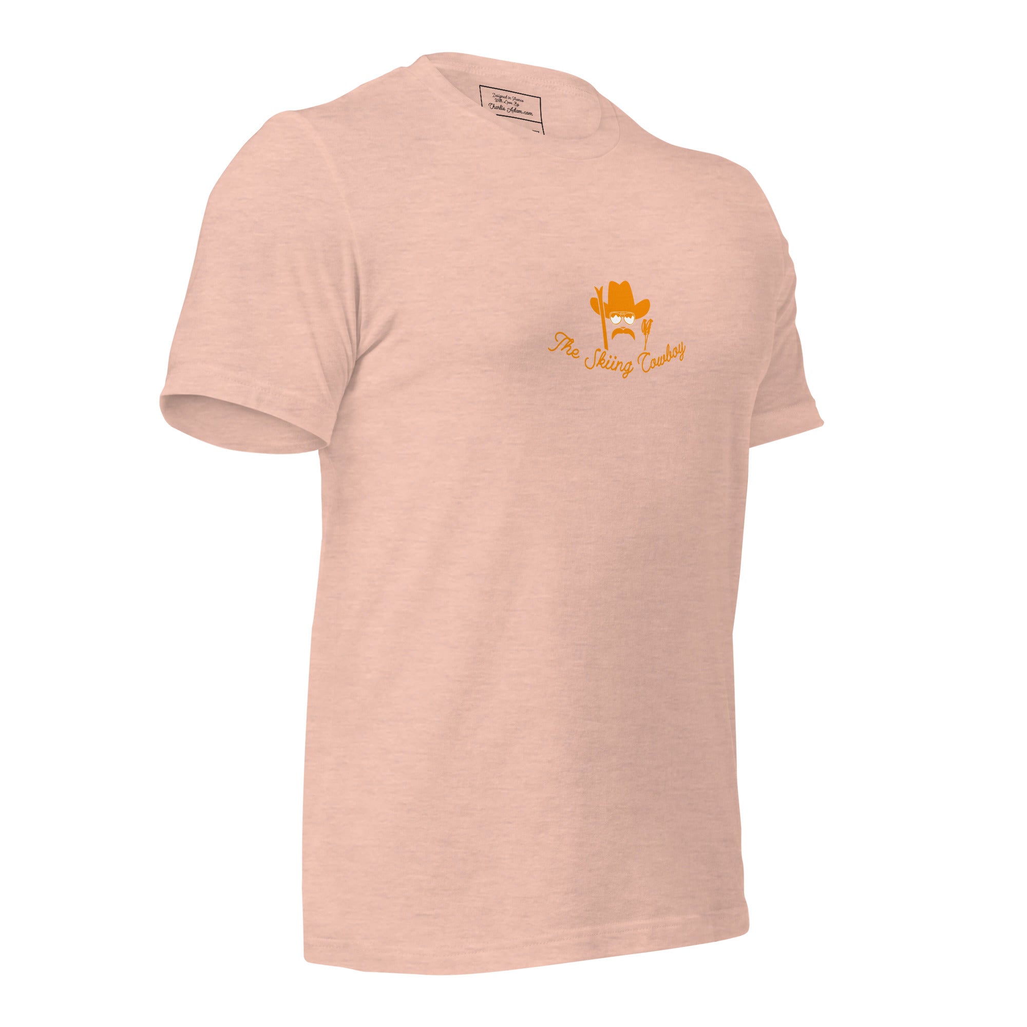 T-shirt en coton unisexe Skiing Cowboy (face) & Ski Fight at OK Corral Outline (dos) sur couleurs chinées claires
