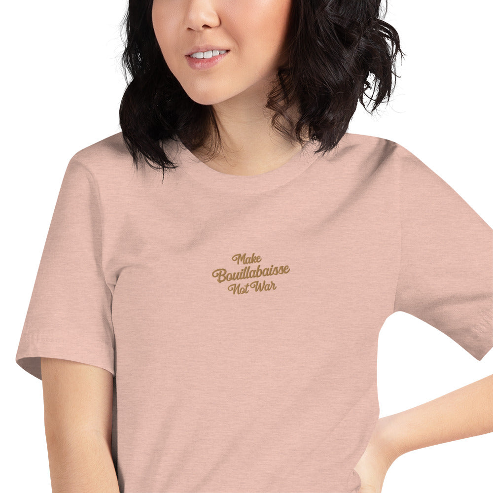 Unisex t-shirt Make Bouillabaisse Not War Text Only old gold embroidered pattern on light heather colors