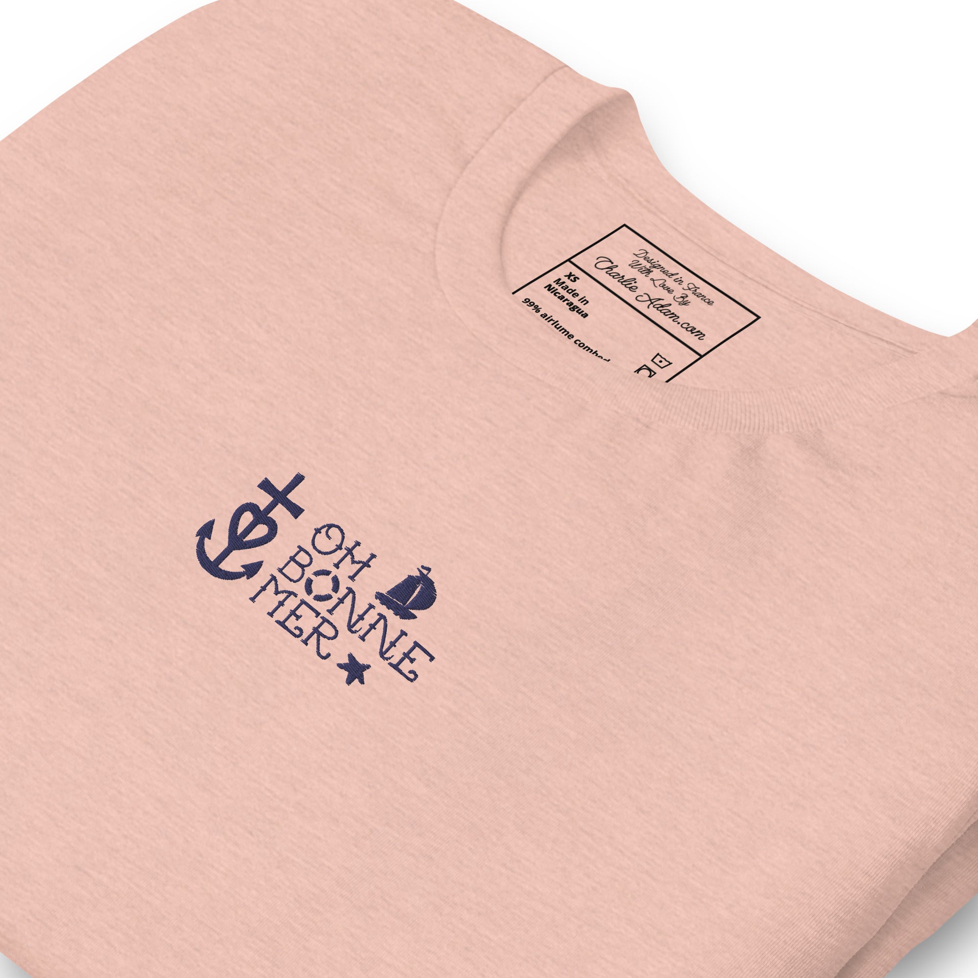 T-shirt en coton unisexe Oh Bonne Mer 2 navy brodé sur couleurs chinées claires
