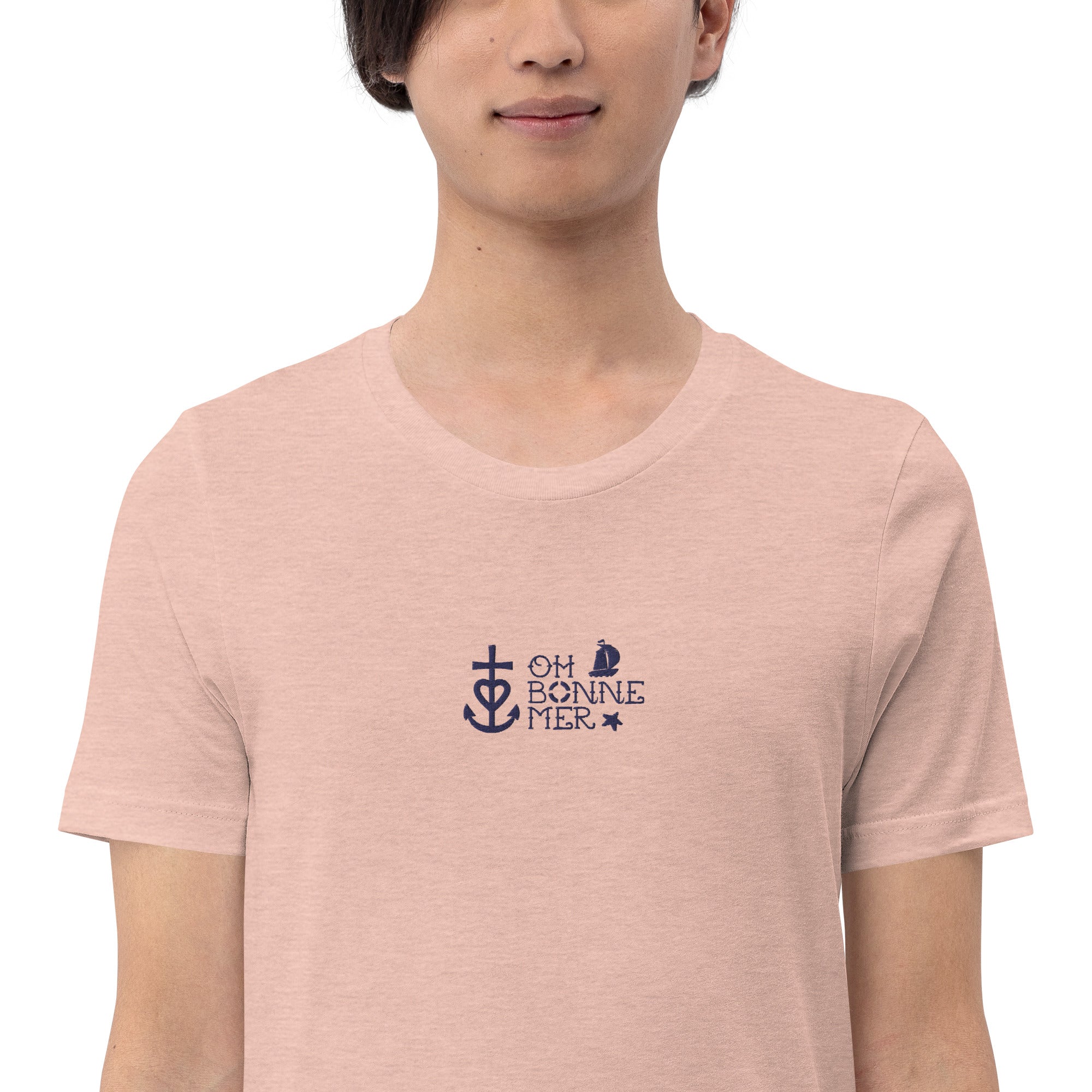 T-shirt en coton unisexe Oh Bonne Mer 2 navy brodé sur couleurs chinées claires