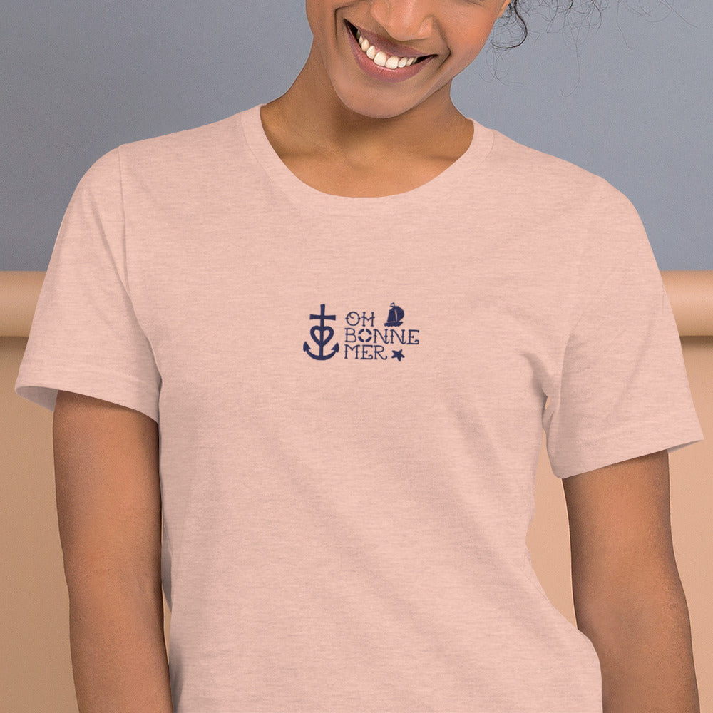 T-shirt en coton unisexe Oh Bonne Mer 2 navy brodé sur couleurs chinées claires