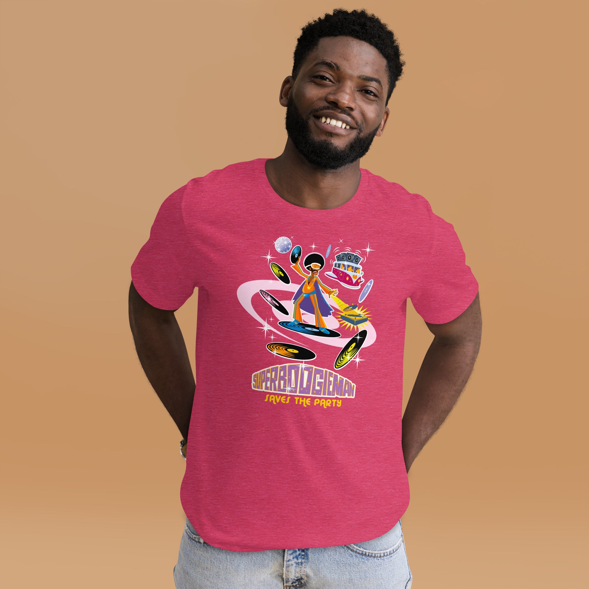 T-shirt en coton unisexe Superboogieman saves the party sur couleurs chinées vives