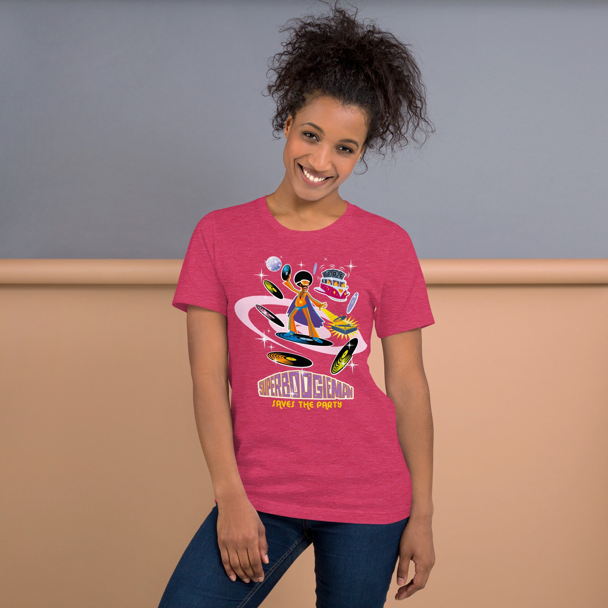 T-shirt en coton unisexe Superboogieman saves the party sur couleurs chinées vives