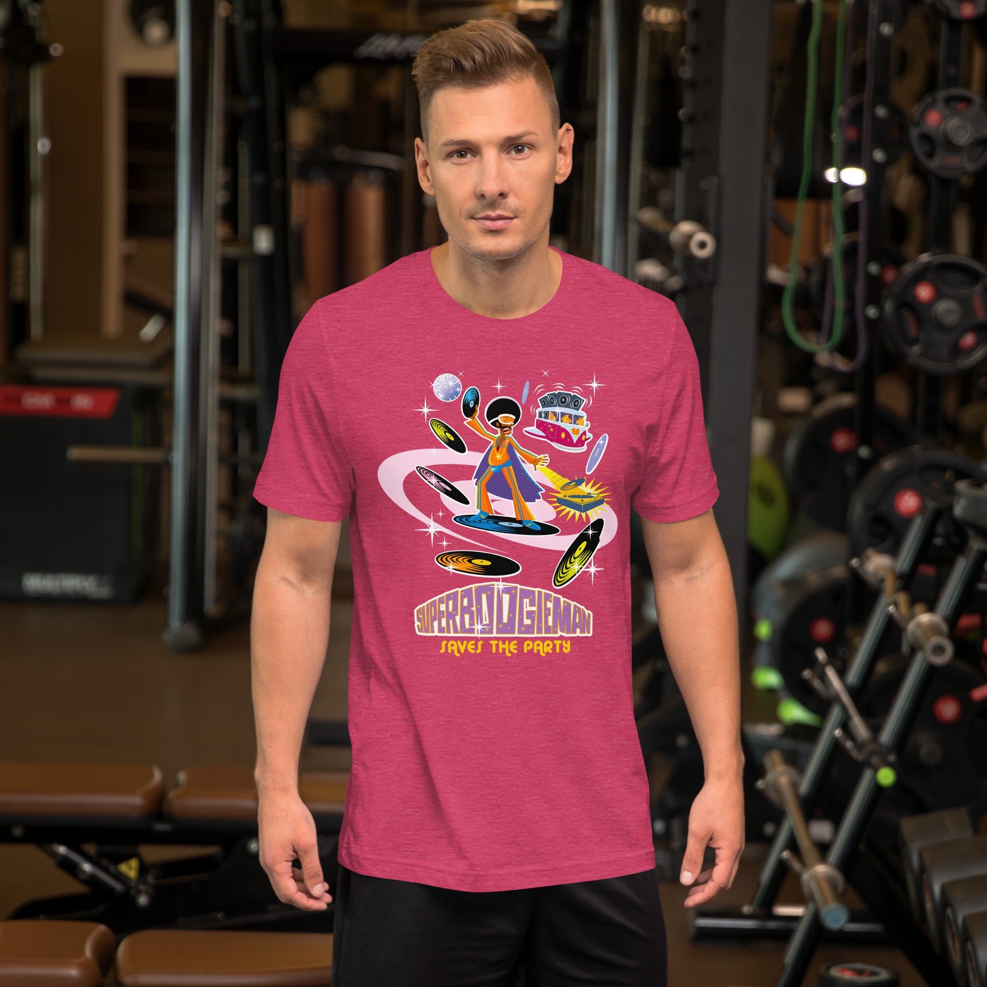T-shirt en coton unisexe Superboogieman saves the party sur couleurs chinées vives
