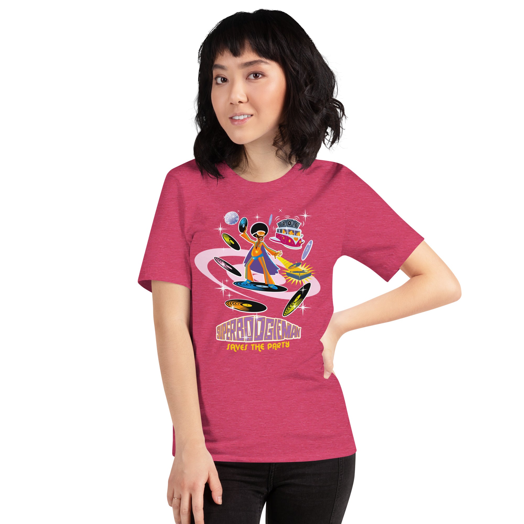 T-shirt en coton unisexe Superboogieman saves the party sur couleurs chinées vives