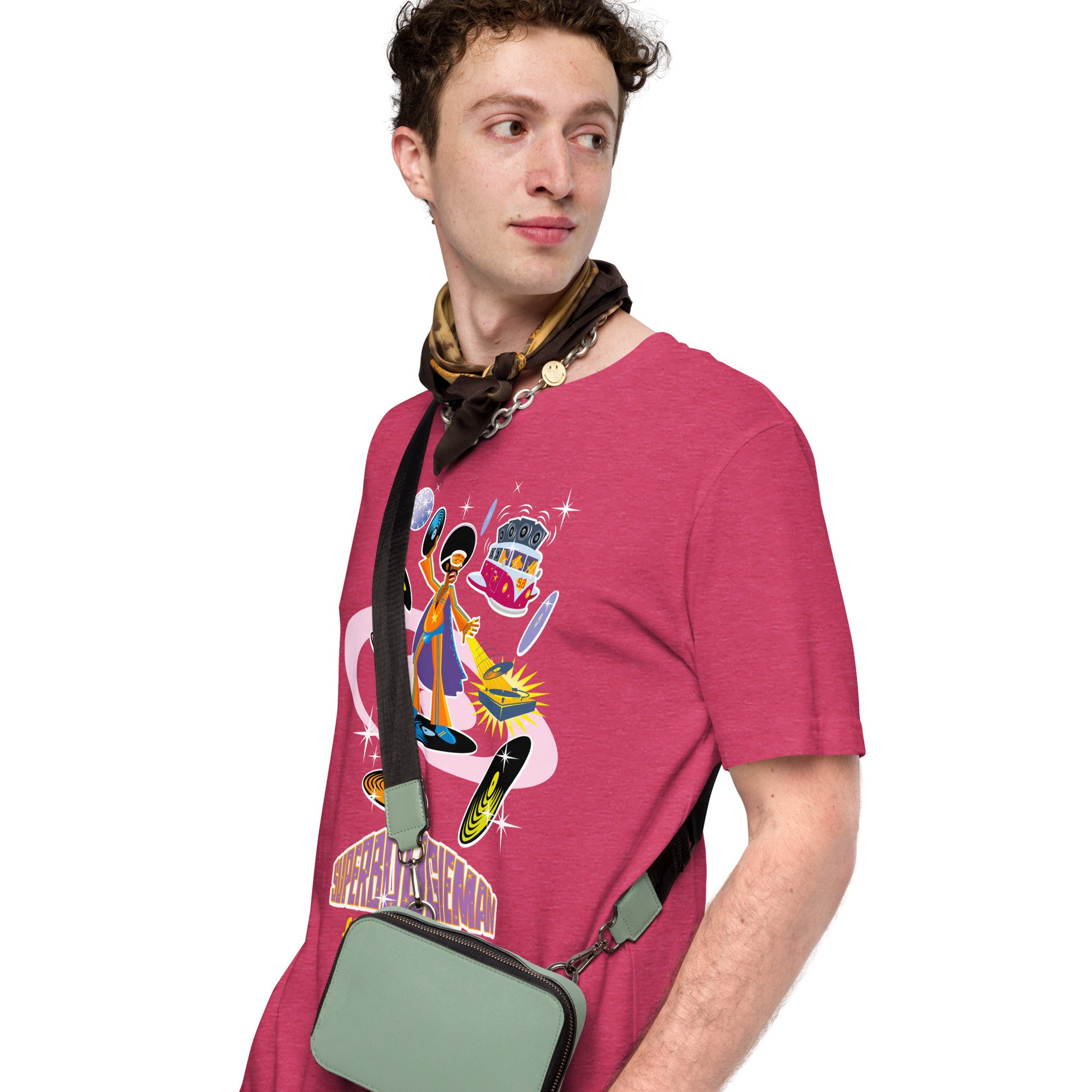 T-shirt en coton unisexe Superboogieman saves the party sur couleurs chinées vives
