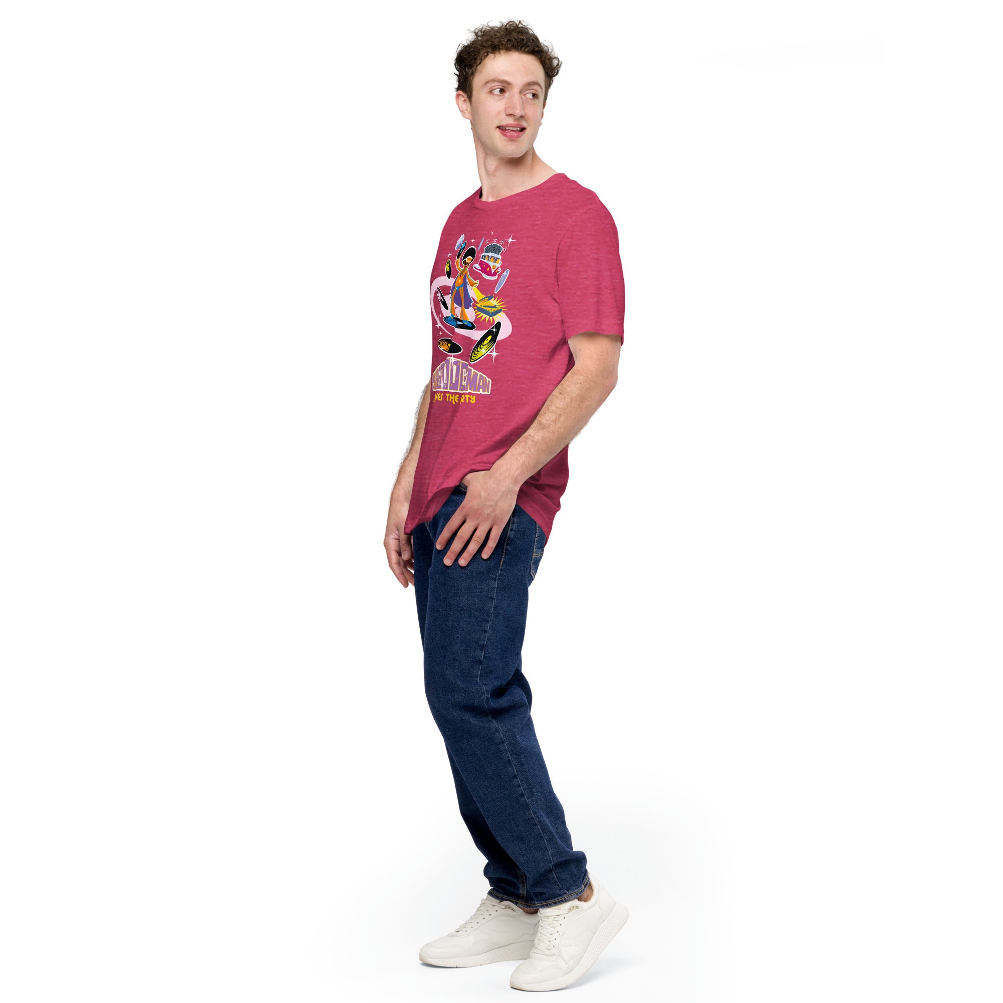 T-shirt en coton unisexe Superboogieman saves the party sur couleurs chinées vives