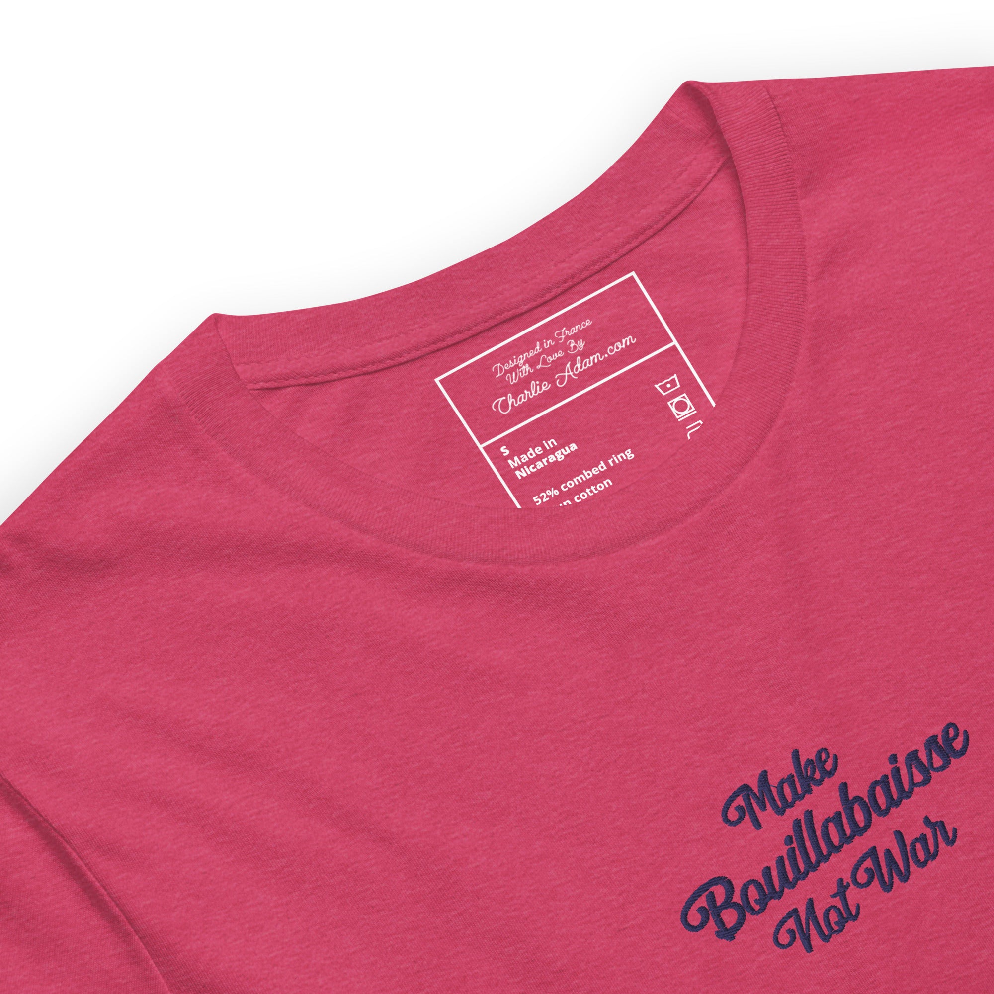 Unisex t-shirt Make Bouillabaisse Not War Text Only navy embroidered pattern on bright heather colors