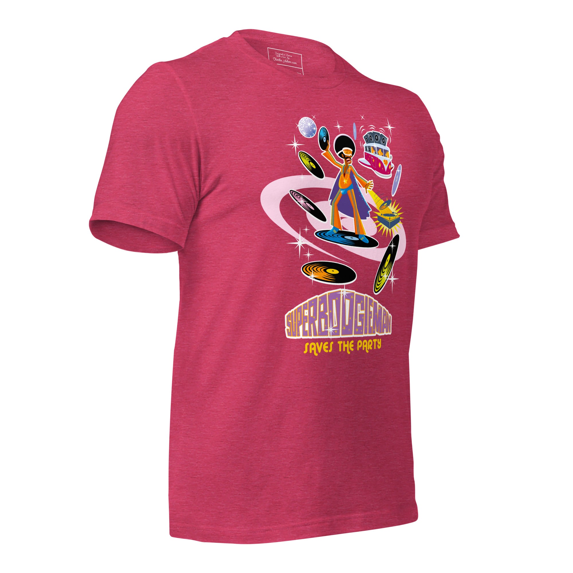 T-shirt en coton unisexe Superboogieman saves the party sur couleurs chinées vives