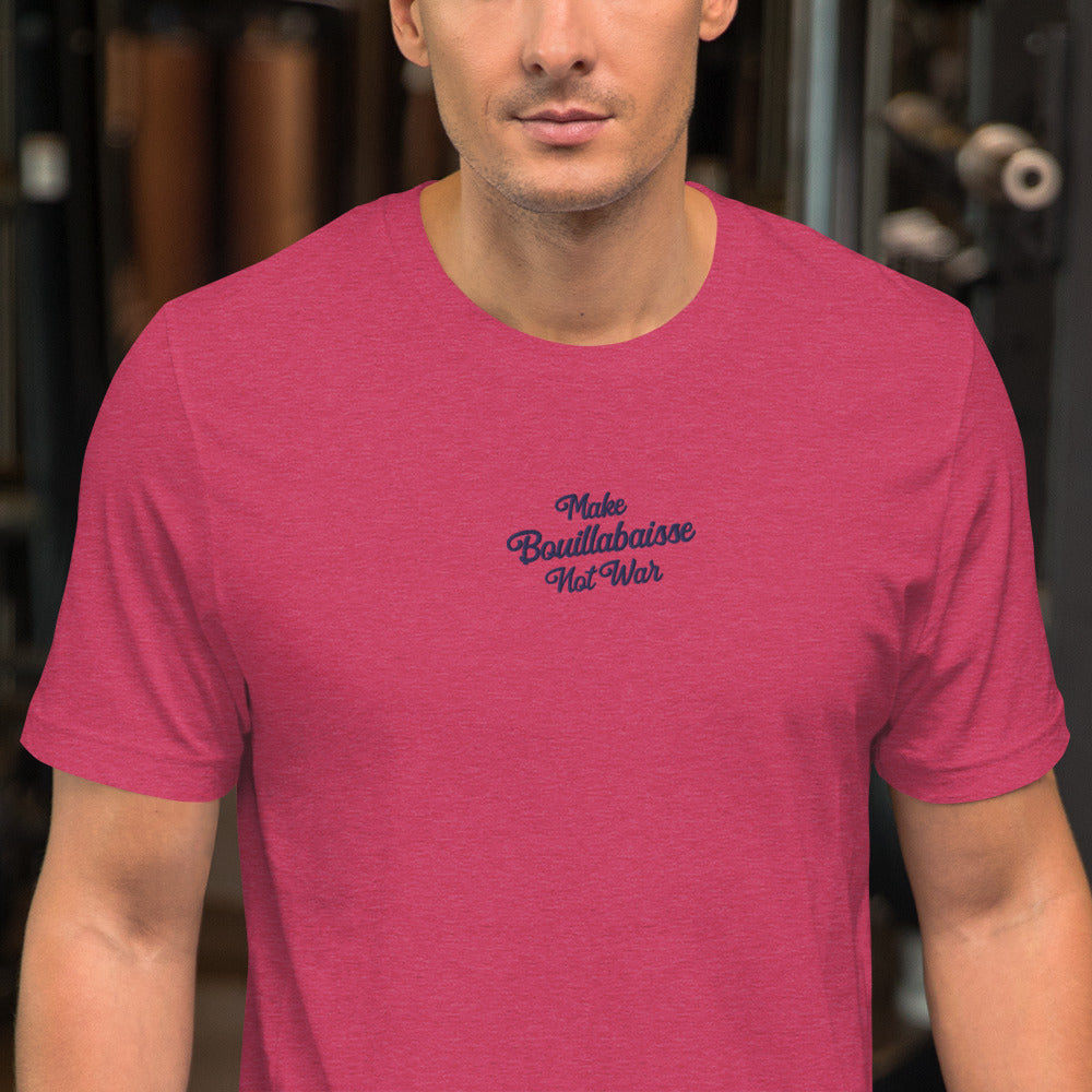 Unisex t-shirt Make Bouillabaisse Not War Text Only navy embroidered pattern on bright heather colors