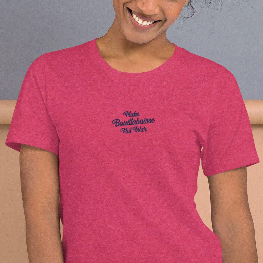 Unisex t-shirt Make Bouillabaisse Not War Text Only navy embroidered pattern on bright heather colors