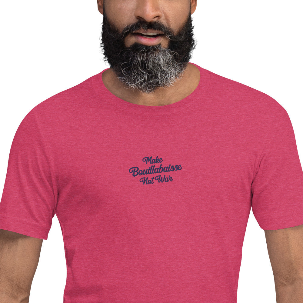 Unisex t-shirt Make Bouillabaisse Not War Text Only navy embroidered pattern on bright heather colors