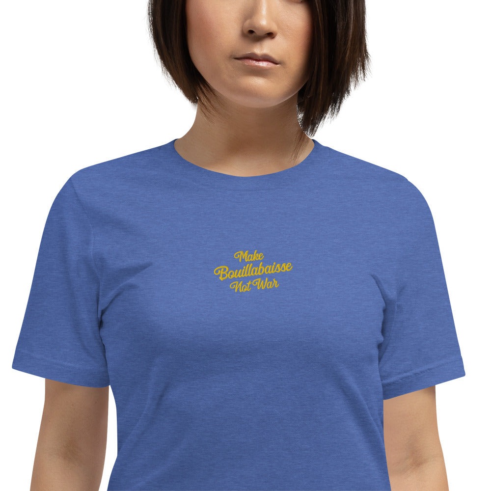 Unisex t-shirt Make Bouillabaisse Not War Text Only gold embroidered pattern on dark heather colors